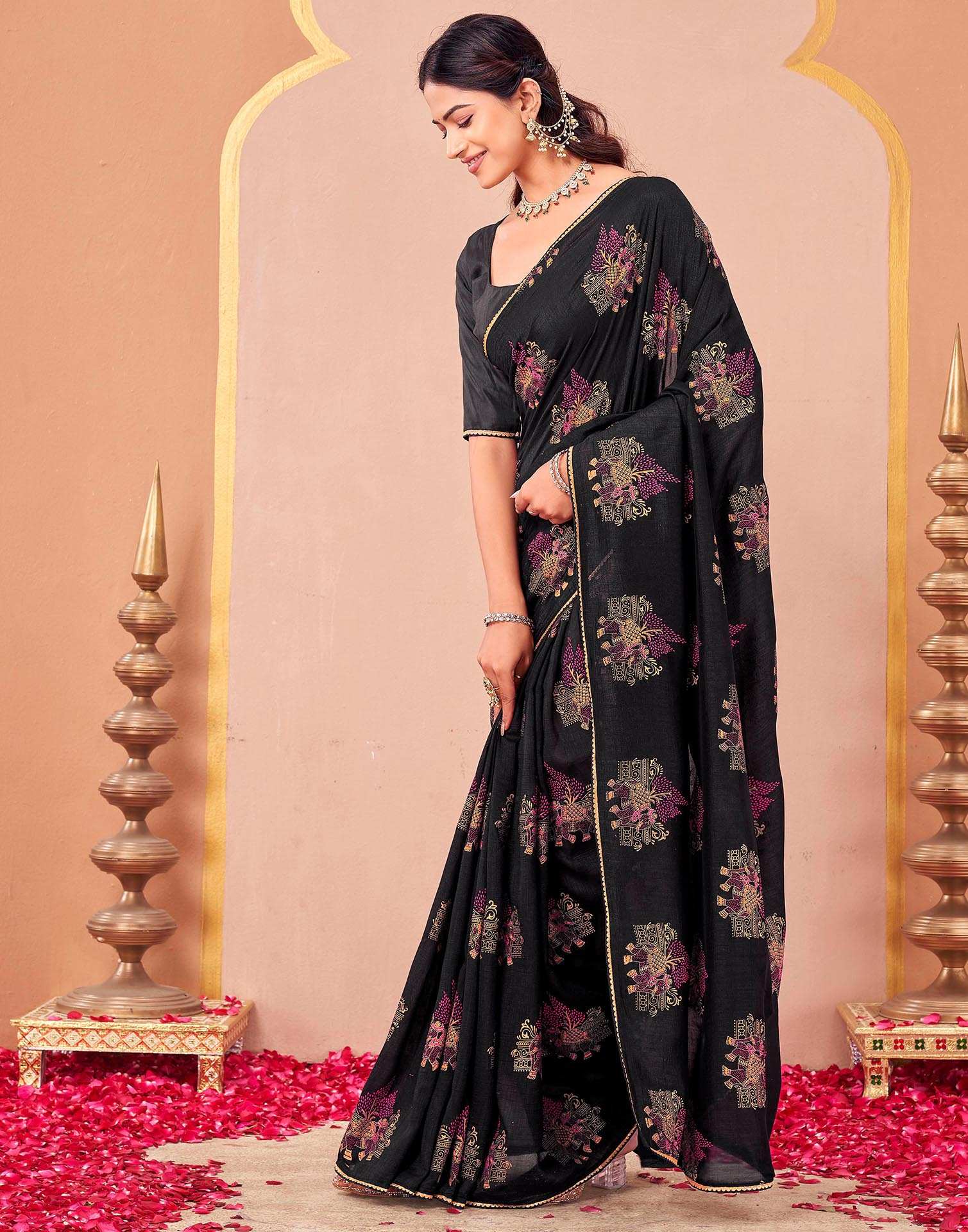 Black Vichitra Silk Foil Printed Saree