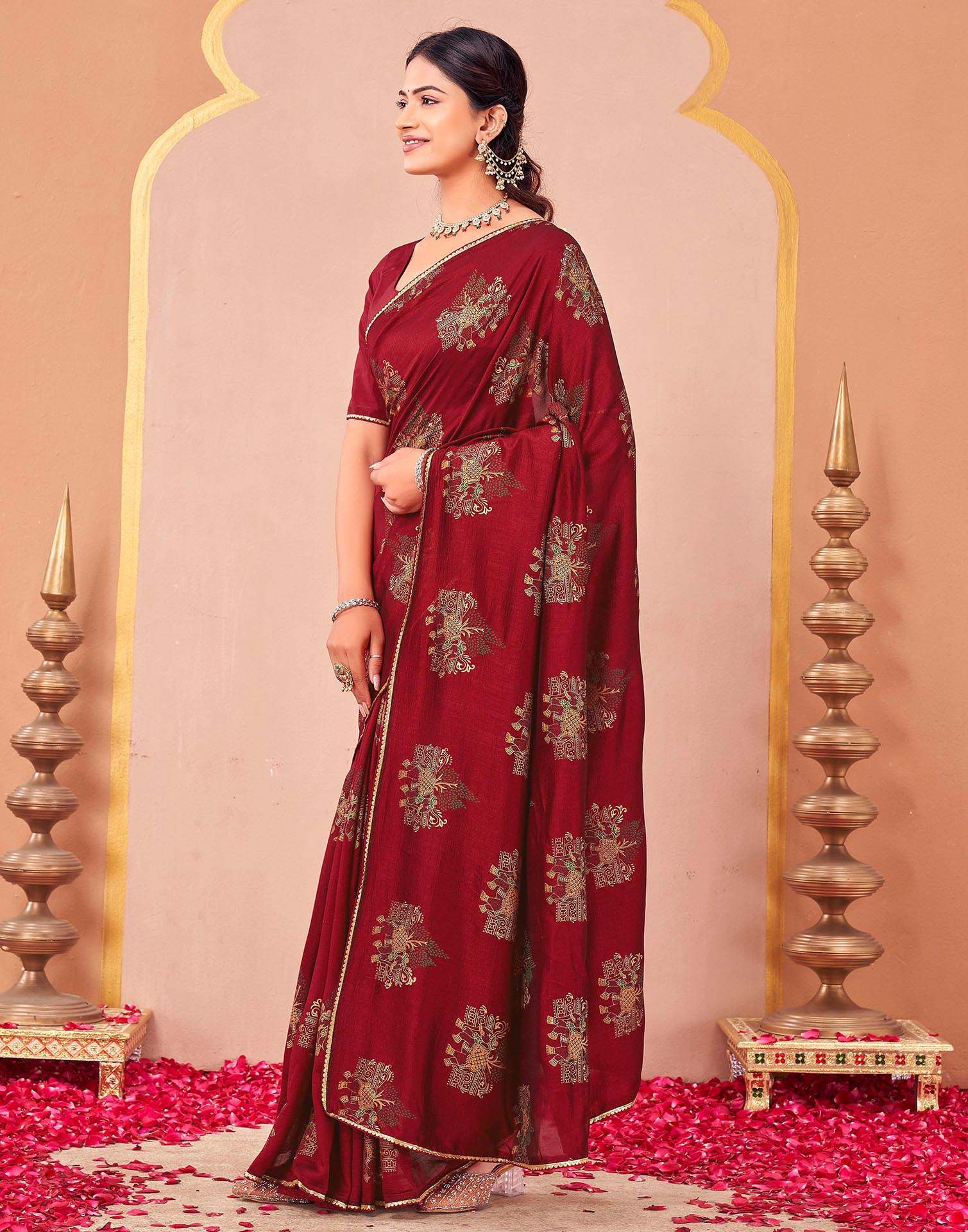 Maroon Vichitra Silk Foil Printed Saree