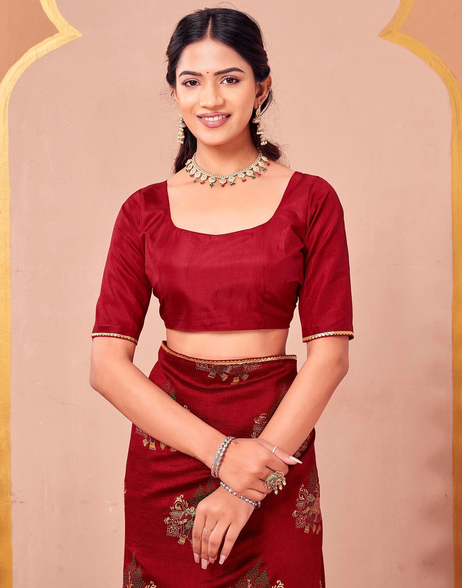 Maroon Vichitra Silk Foil Printed Saree