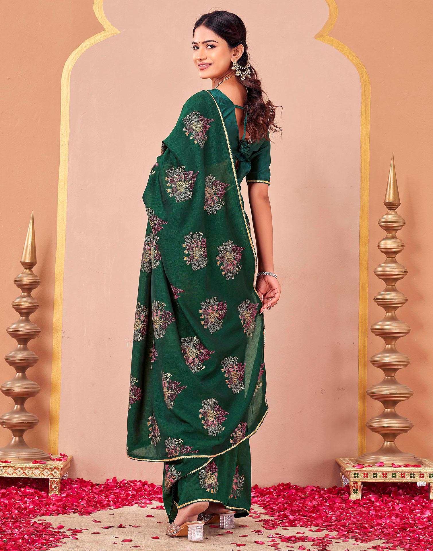 Green Vichitra Silk Foil Printed Saree