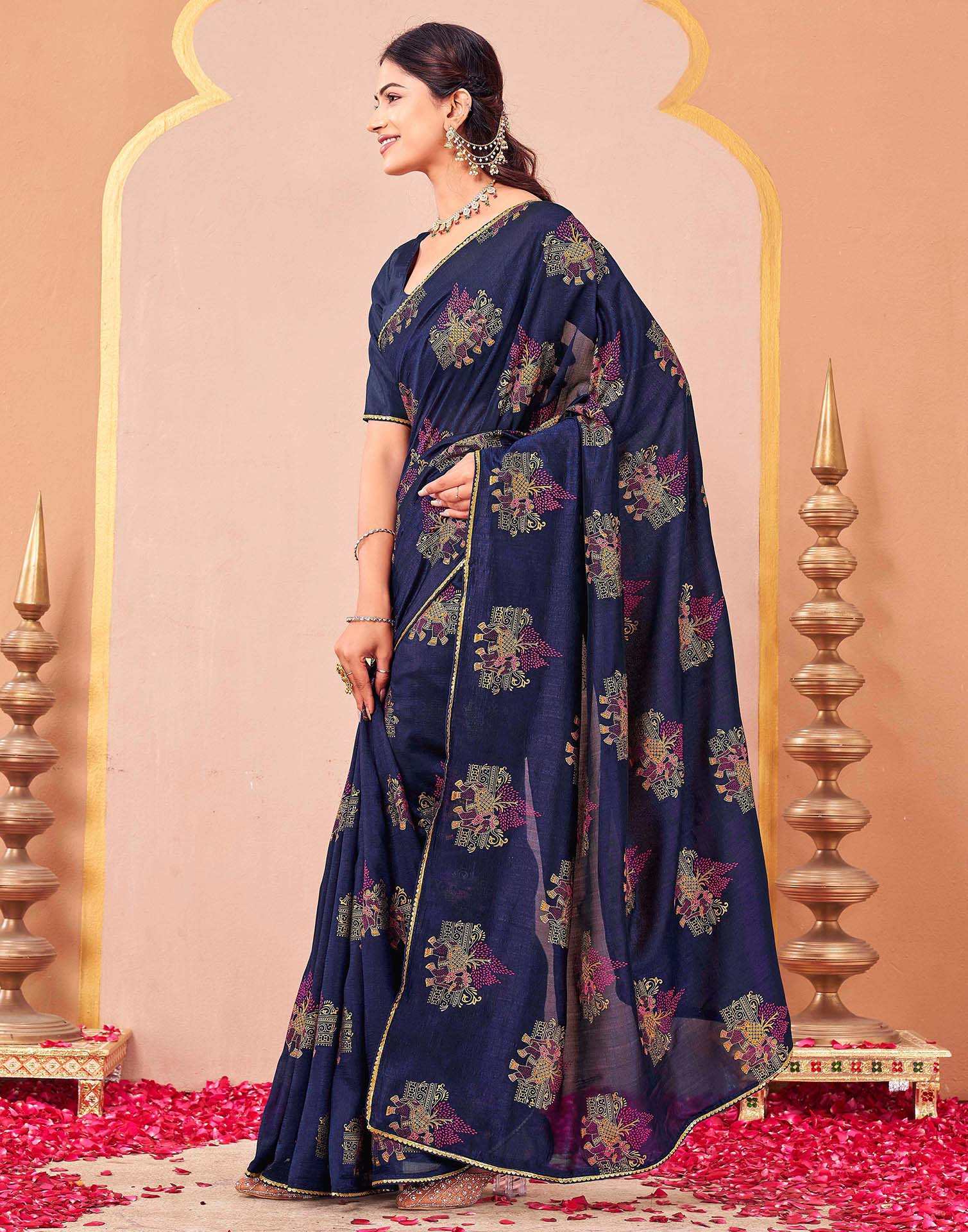 Navy Blue Vichitra Silk Foil Printed Saree