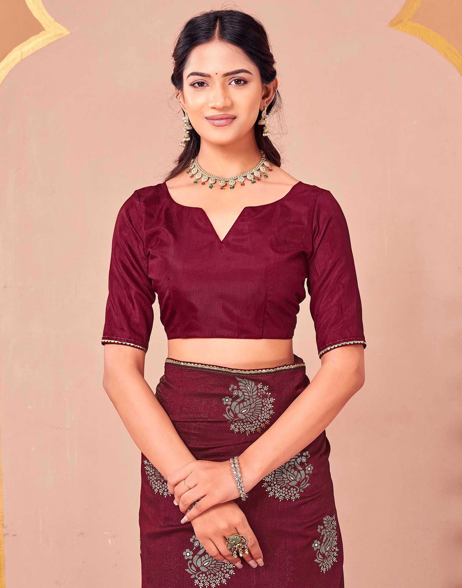 Maroon Vichitra Silk Foil Printed Gota Lace Saree