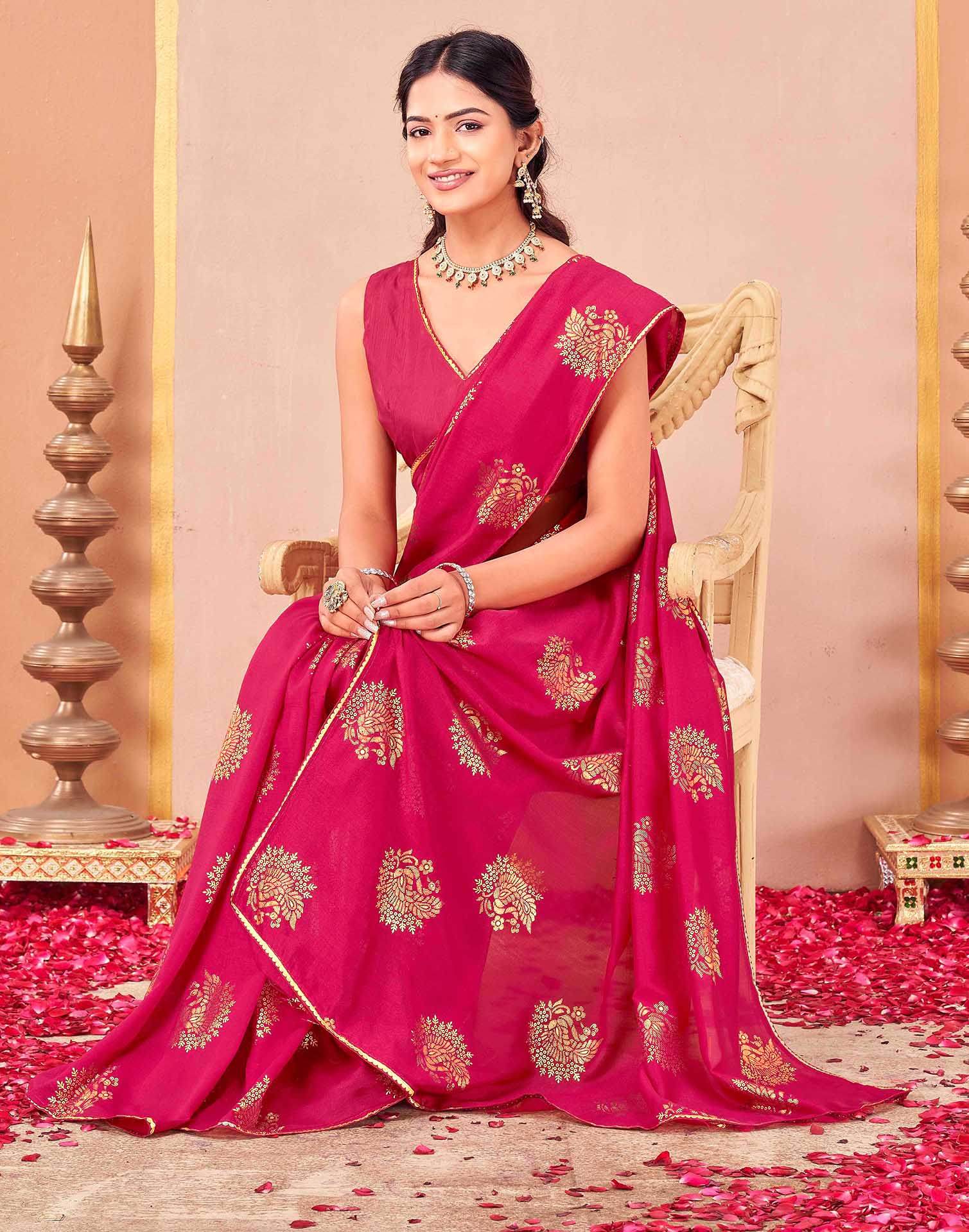 Rani Pink Vichitra Silk Foil Printed Gota Lace Saree