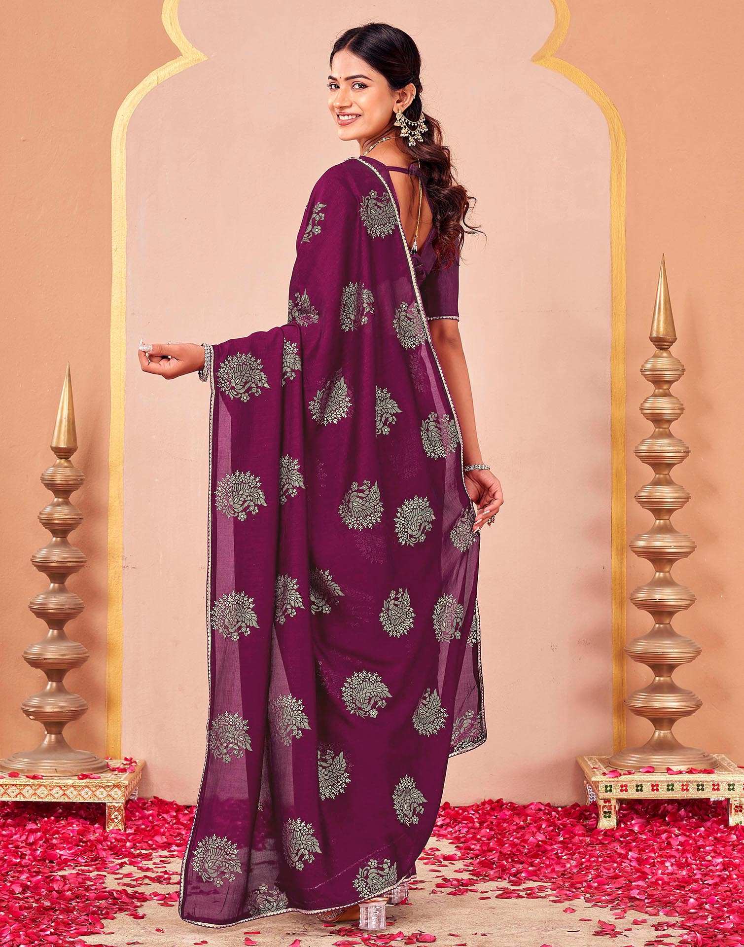 Magenta Vichitra Silk Foil Printed Gota Lace Saree