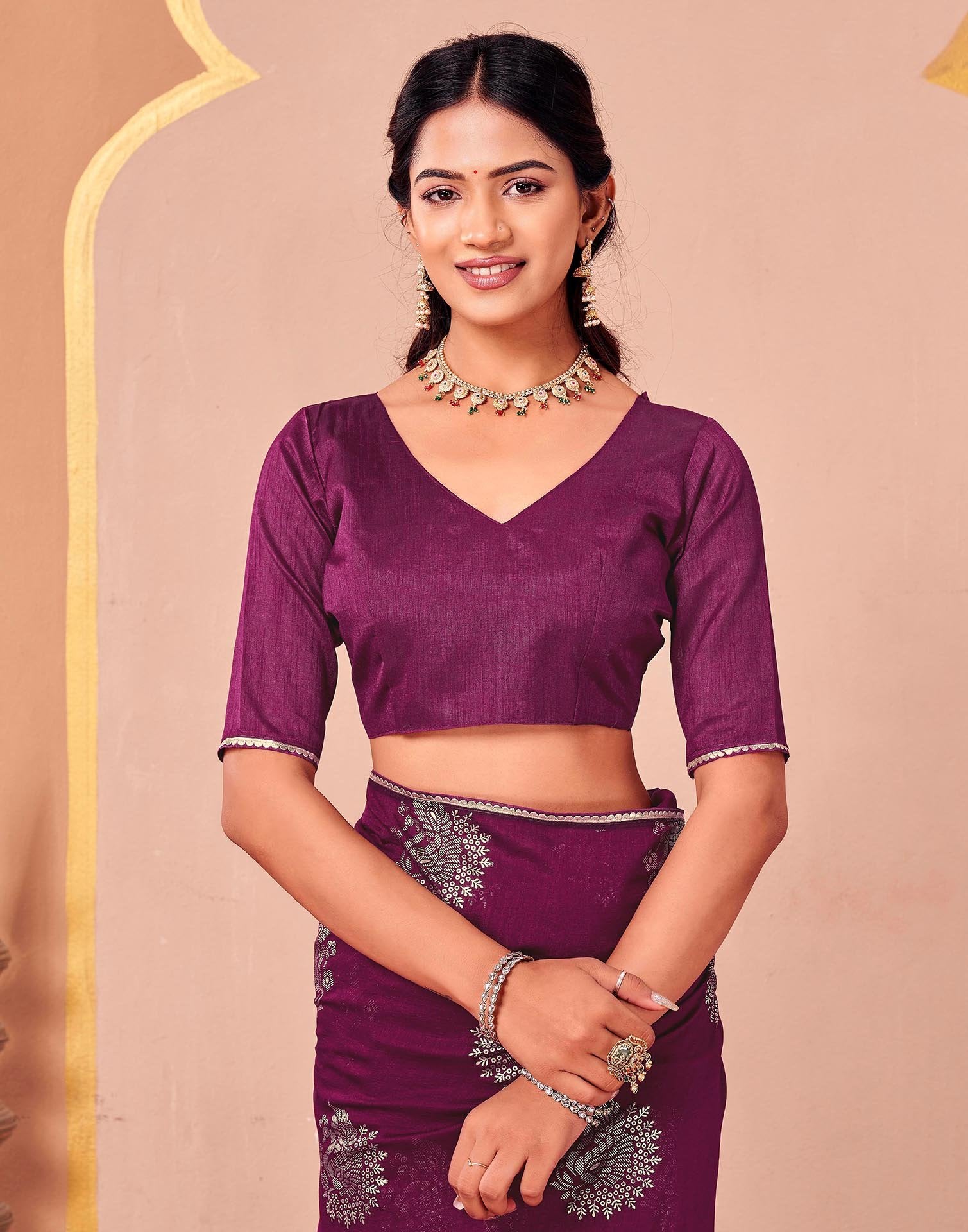 Magenta Vichitra Silk Foil Printed Gota Lace Saree