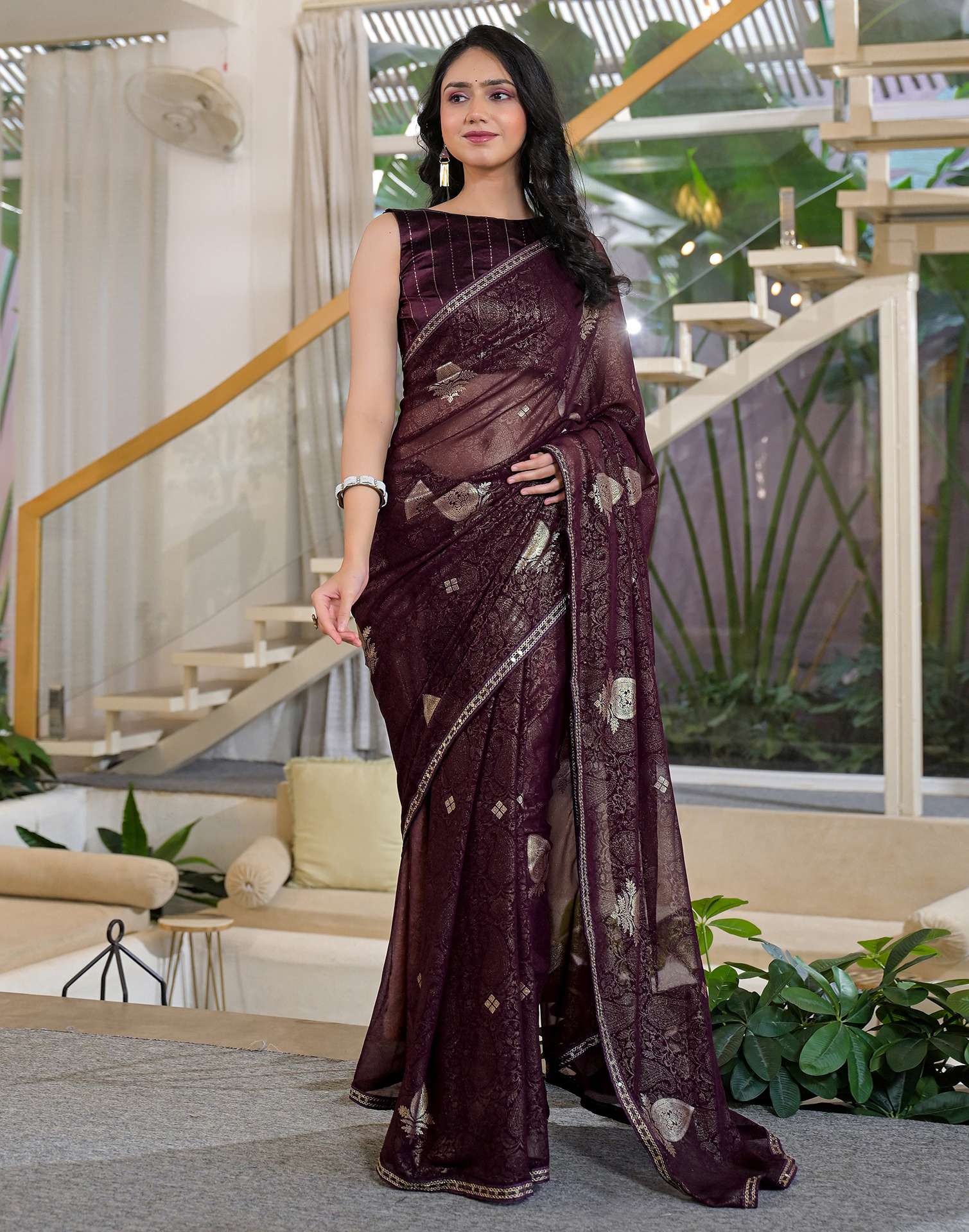 Wine Georgette Foil Printed Lace Saree