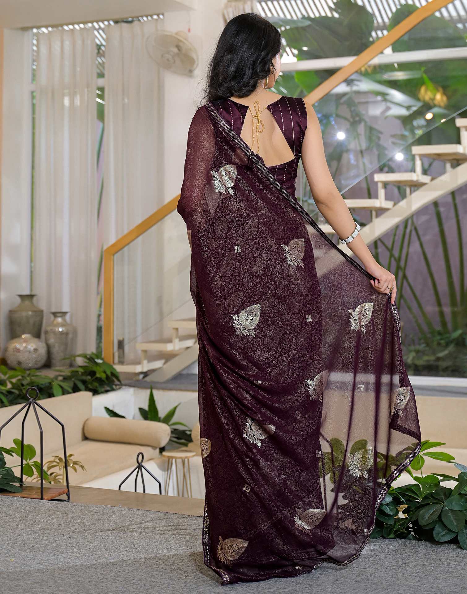 Wine Georgette Foil Printed Lace Saree