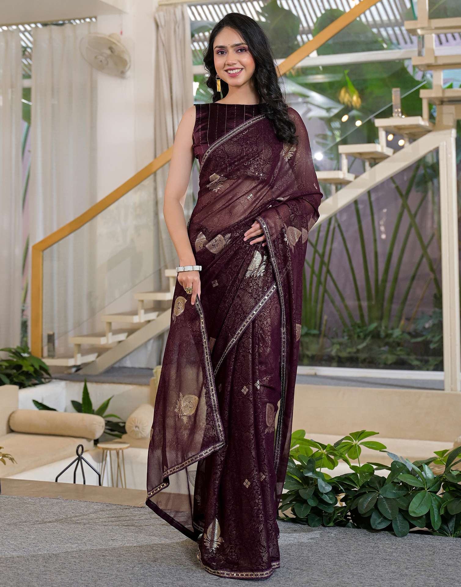Wine Georgette Foil Printed Lace Saree