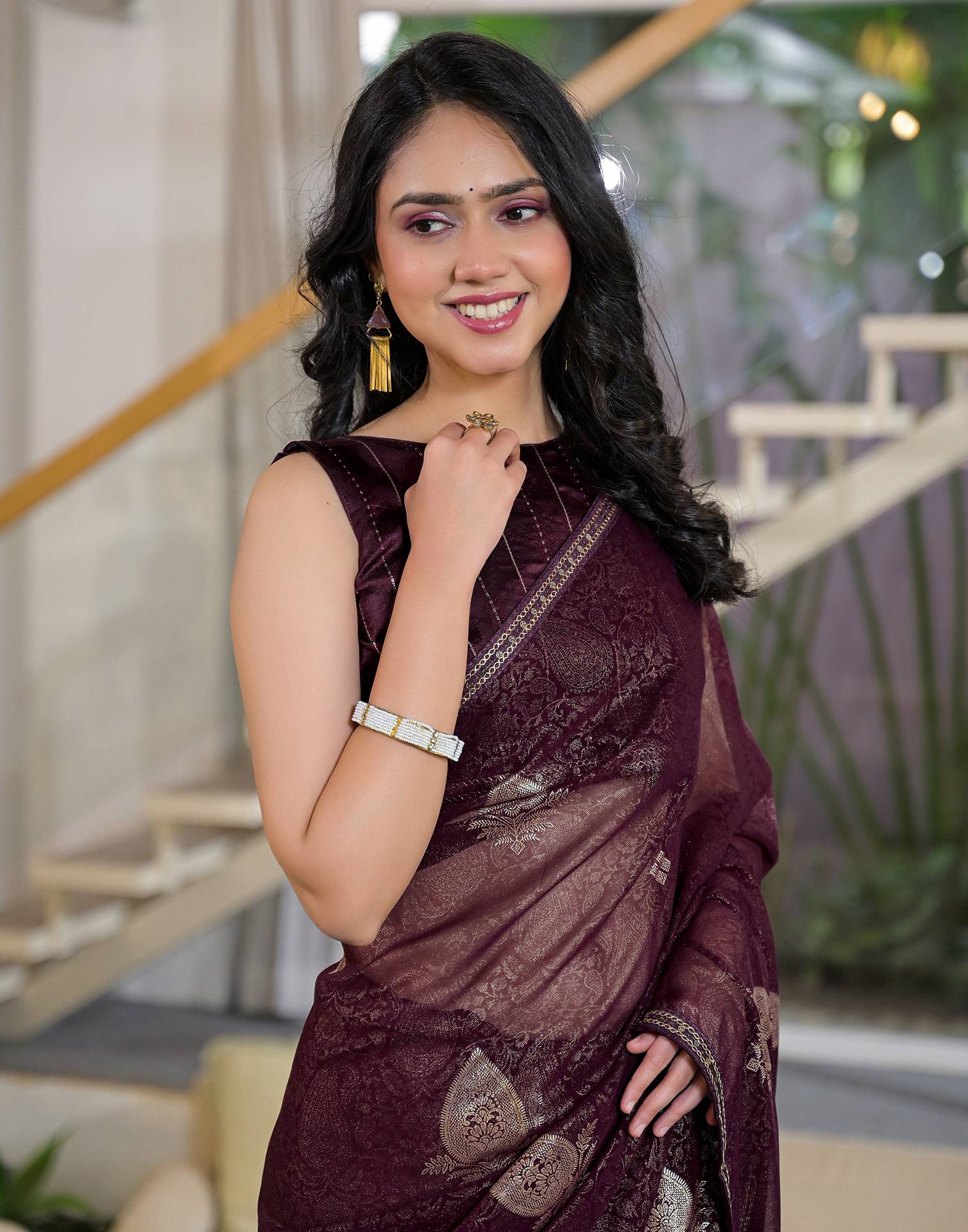 Wine Georgette Foil Printed Lace Saree