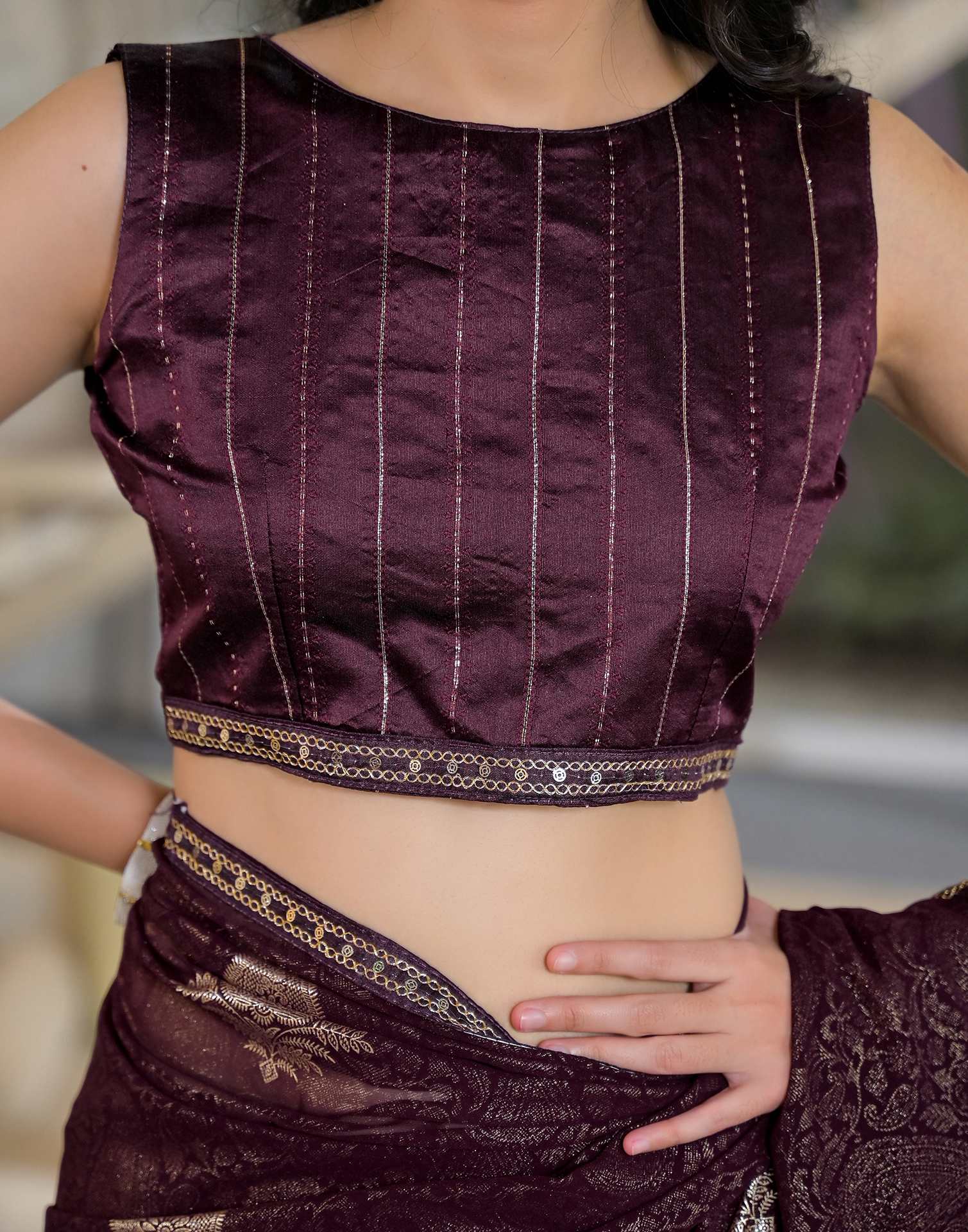 Wine Georgette Foil Printed Lace Saree