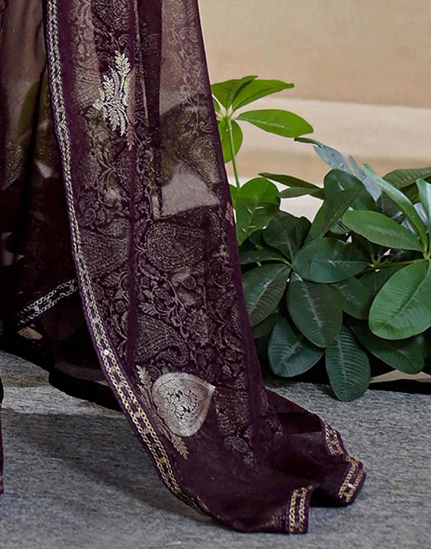 Wine Georgette Foil Printed Lace Saree