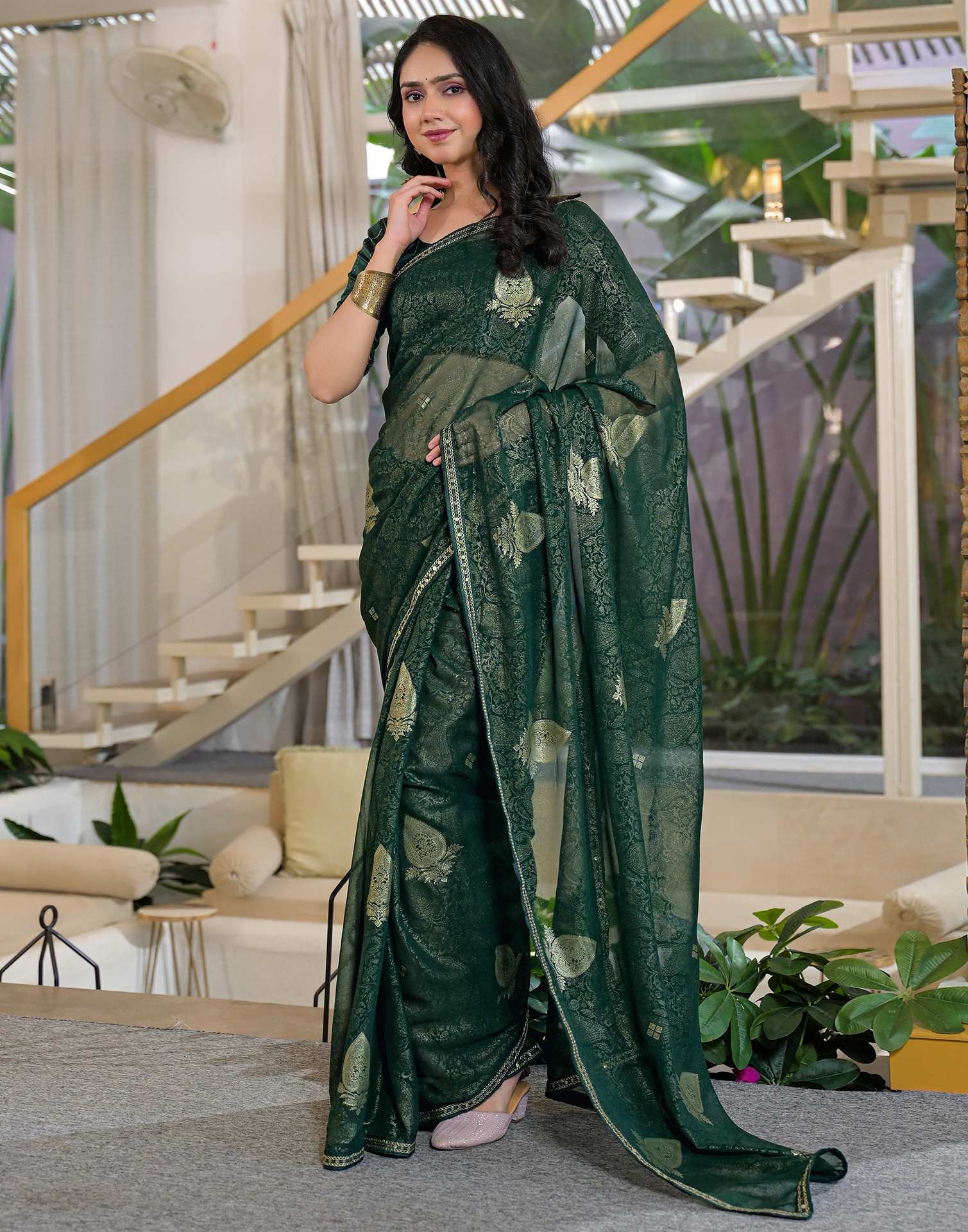 Green Georgette Foil Printed Lace Saree