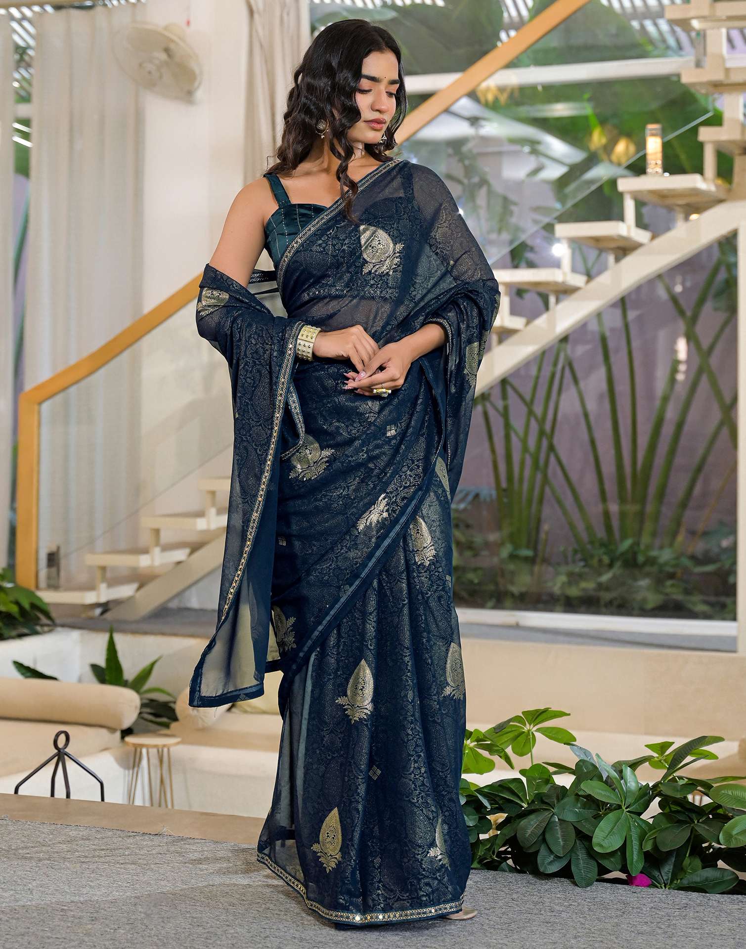 Rama Blue Georgette Foil Printed Lace Saree