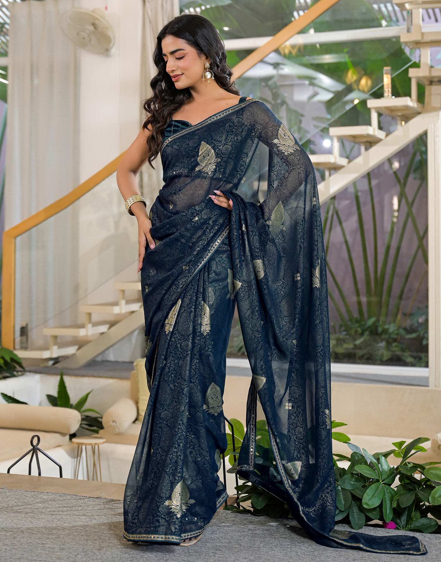 Rama Blue Georgette Foil Printed Lace Saree