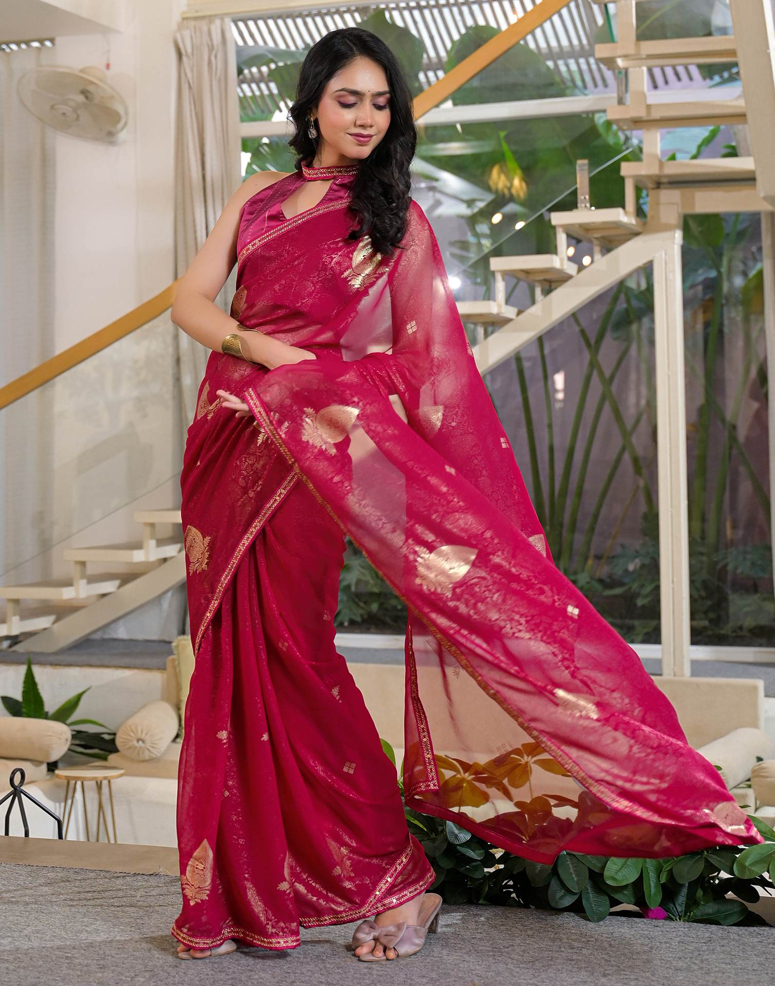 Rani Pink Georgette Foil Printed Lace Saree