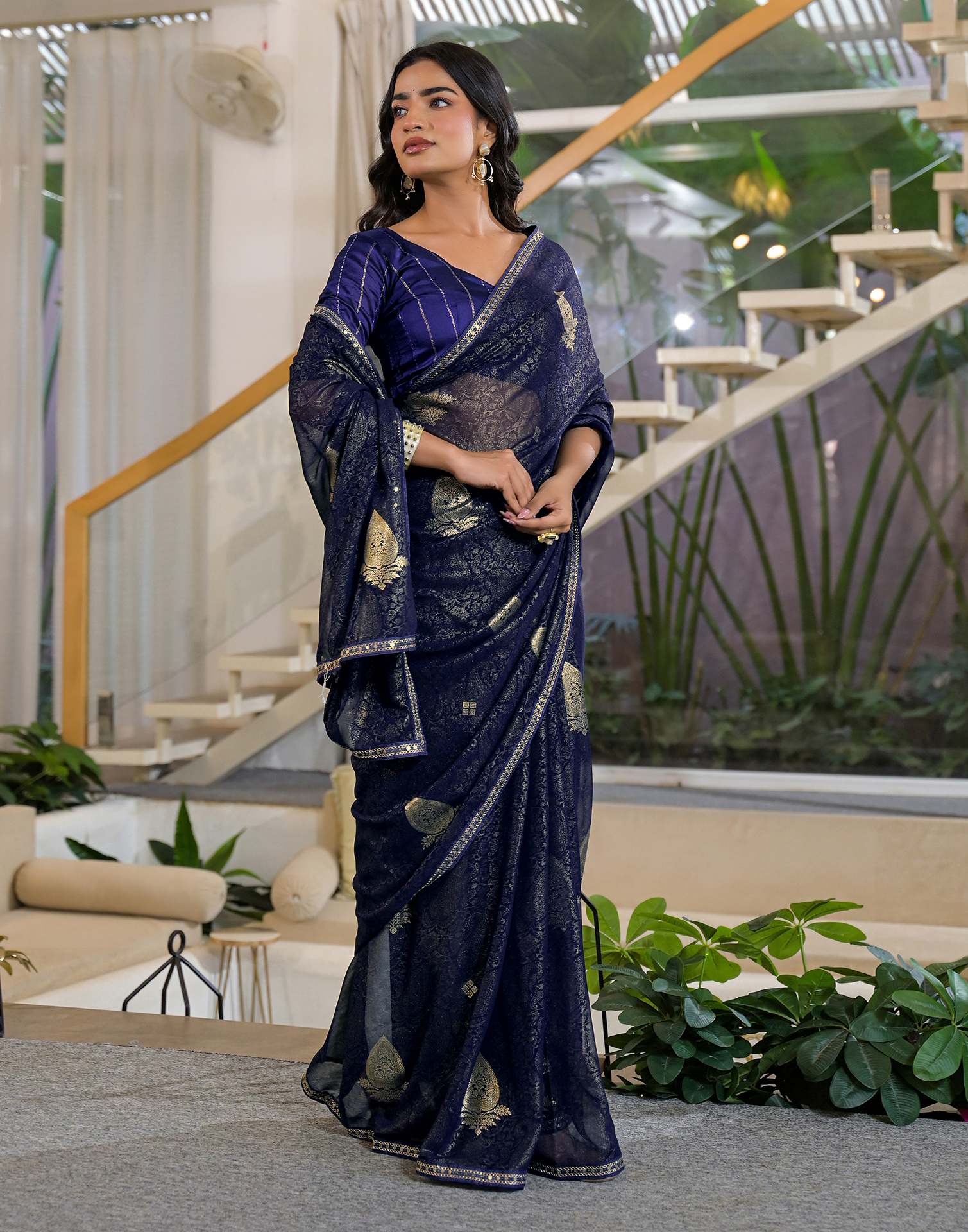 Navy Blue Georgette Foil Printed Lace Saree