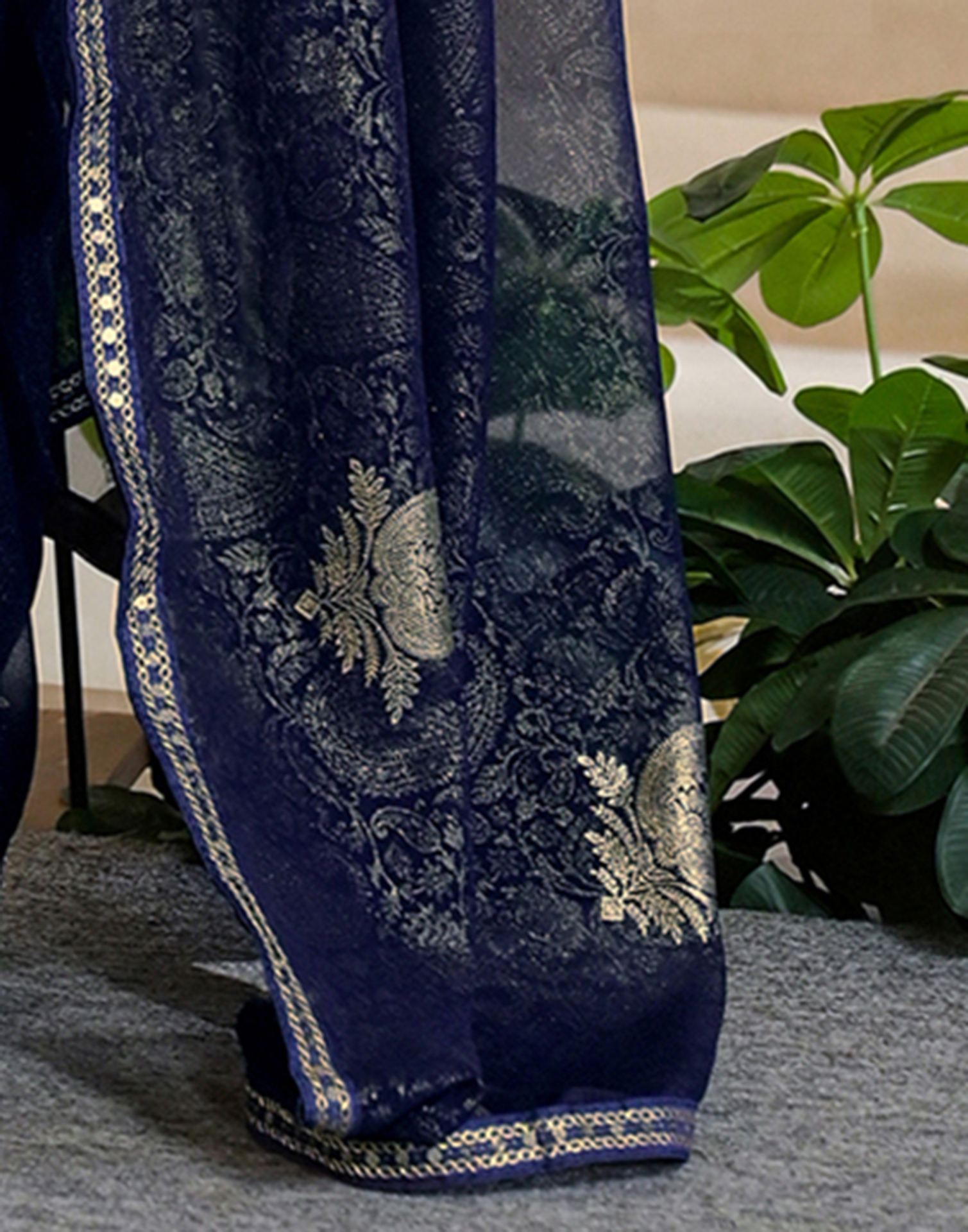 Navy Blue Georgette Foil Printed Lace Saree