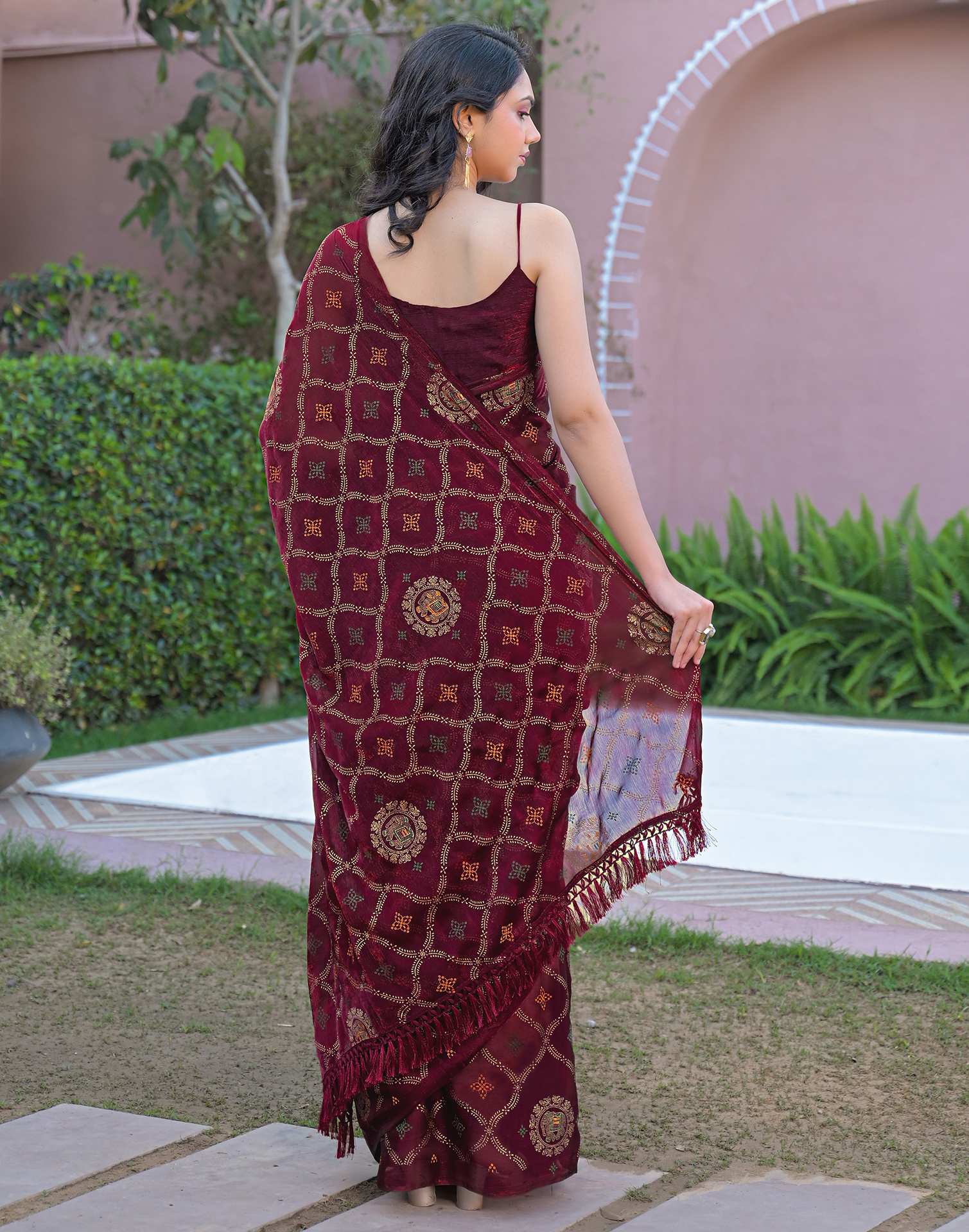 Magenta Chiffon Foil Printed Saree