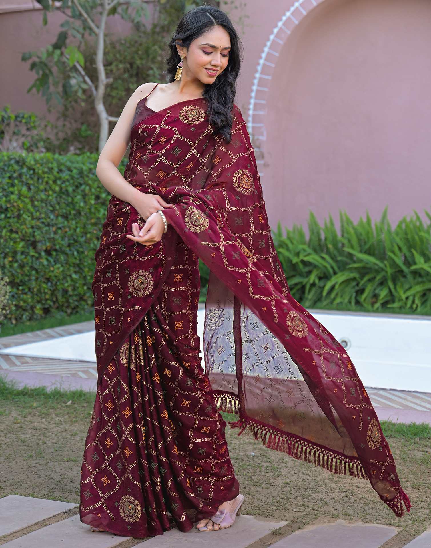 Magenta Chiffon Foil Printed Saree