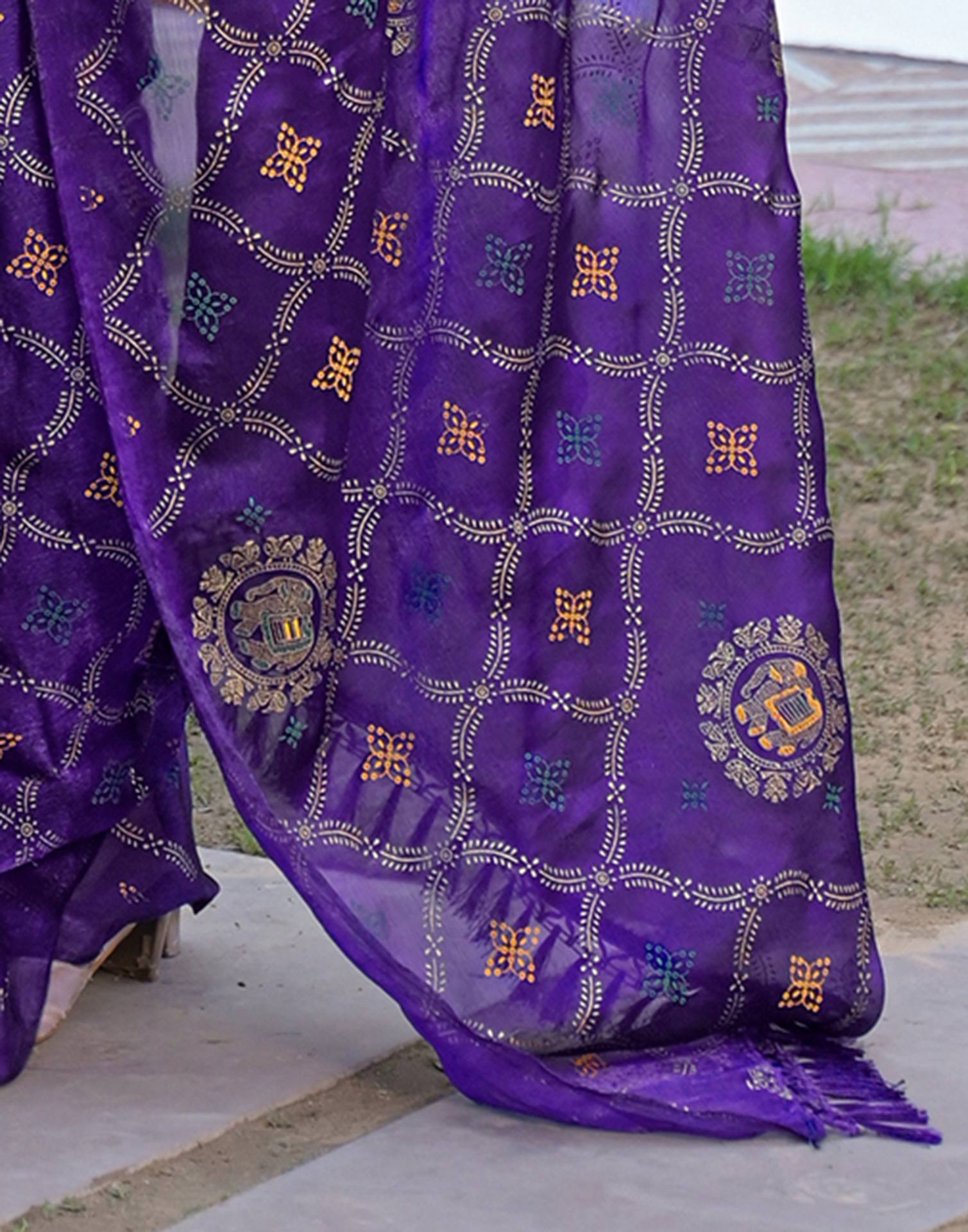 Violet Chiffon Foil Printed Saree