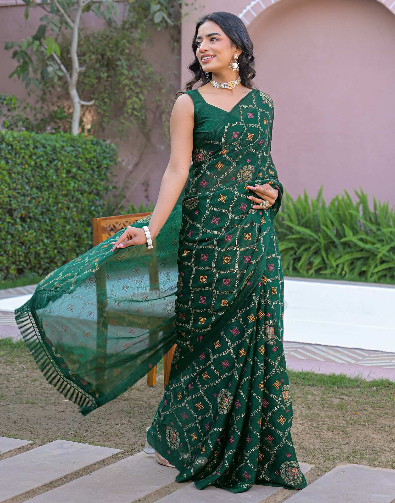 Green Chiffon Foil Printed Saree