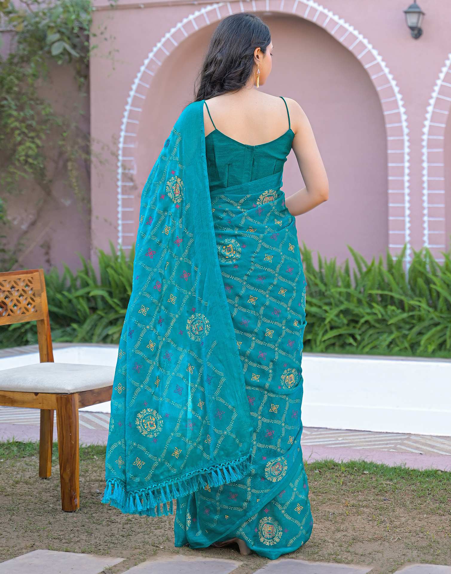 Teal Blue Chiffon Foil Printed Saree