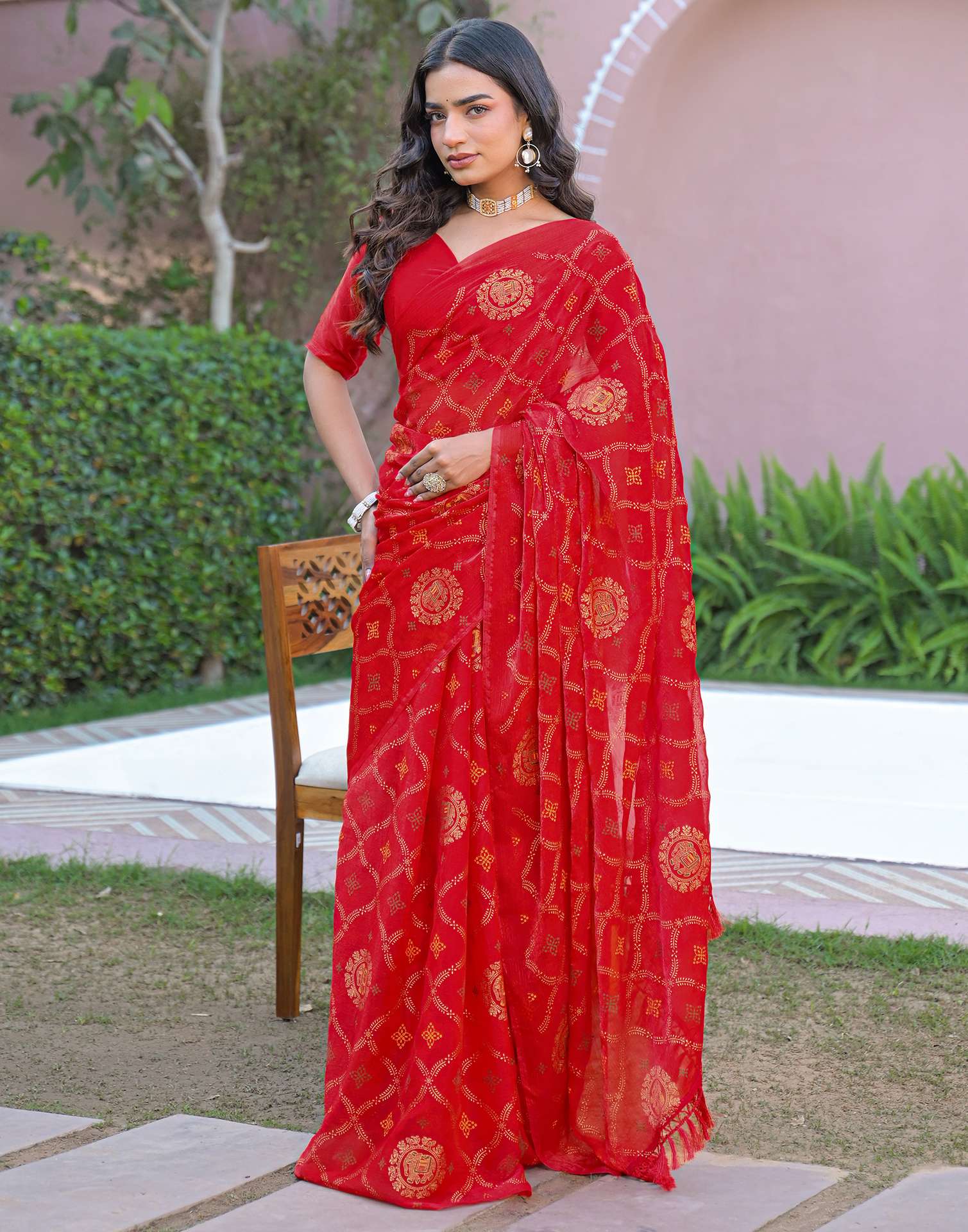 Red Chiffon Foil Printed Saree
