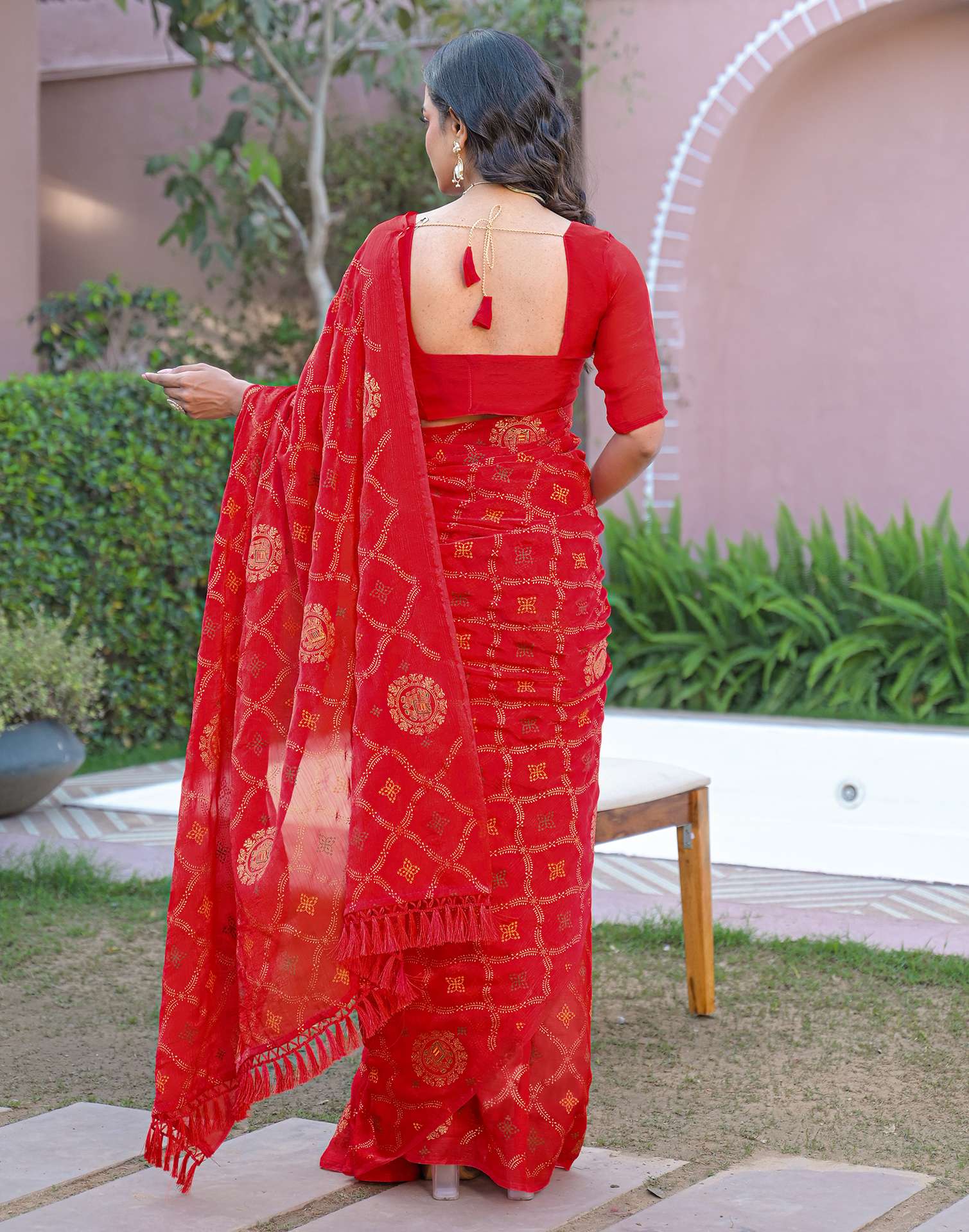 Red Chiffon Foil Printed Saree