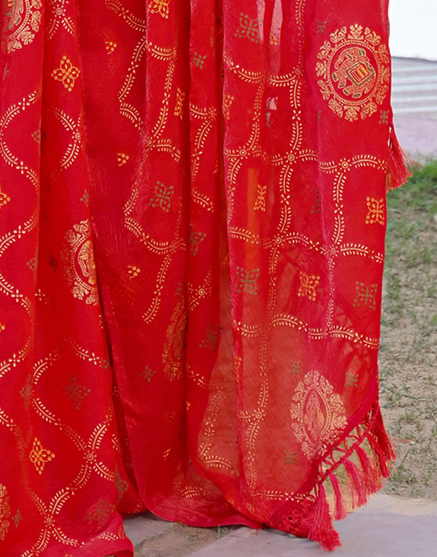 Red Chiffon Foil Printed Saree