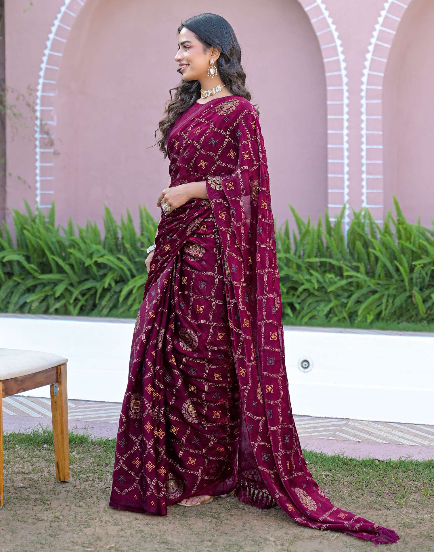 Dark Purple Chiffon Foil Printed Saree