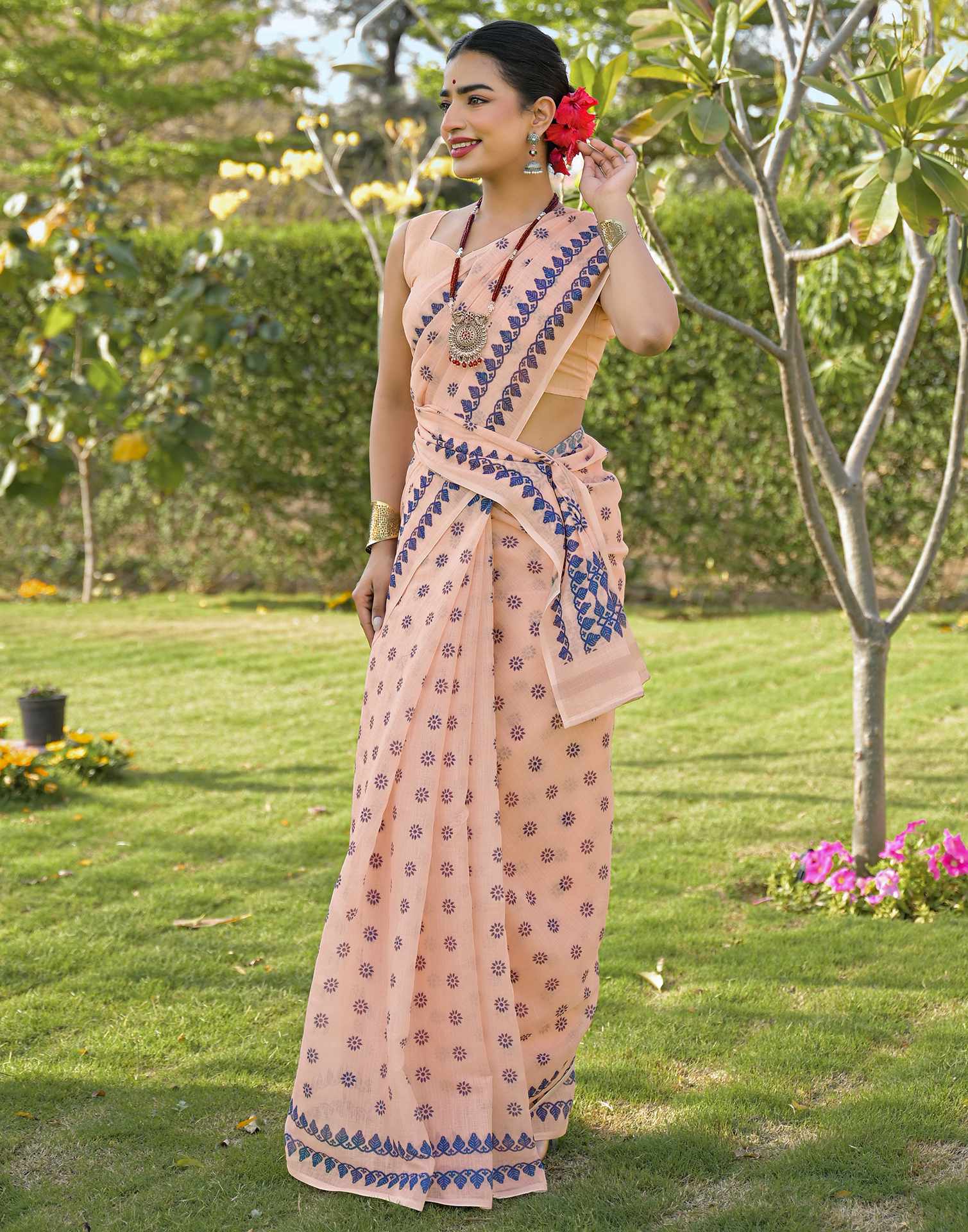 Peach Linen Printed Saree