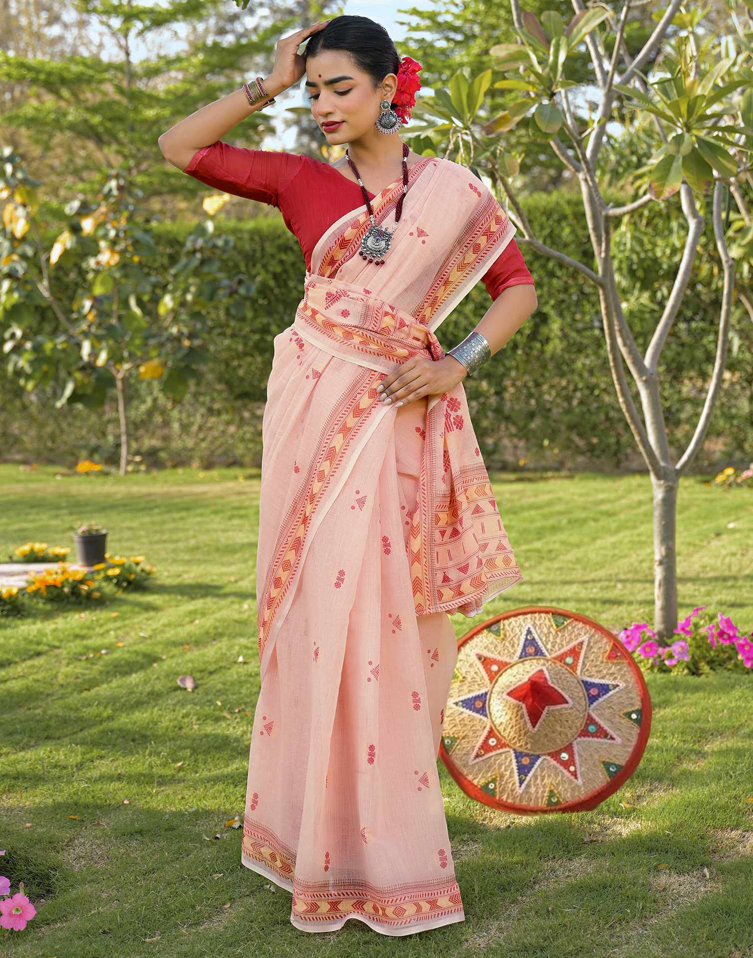 Peach Linen Printed Saree