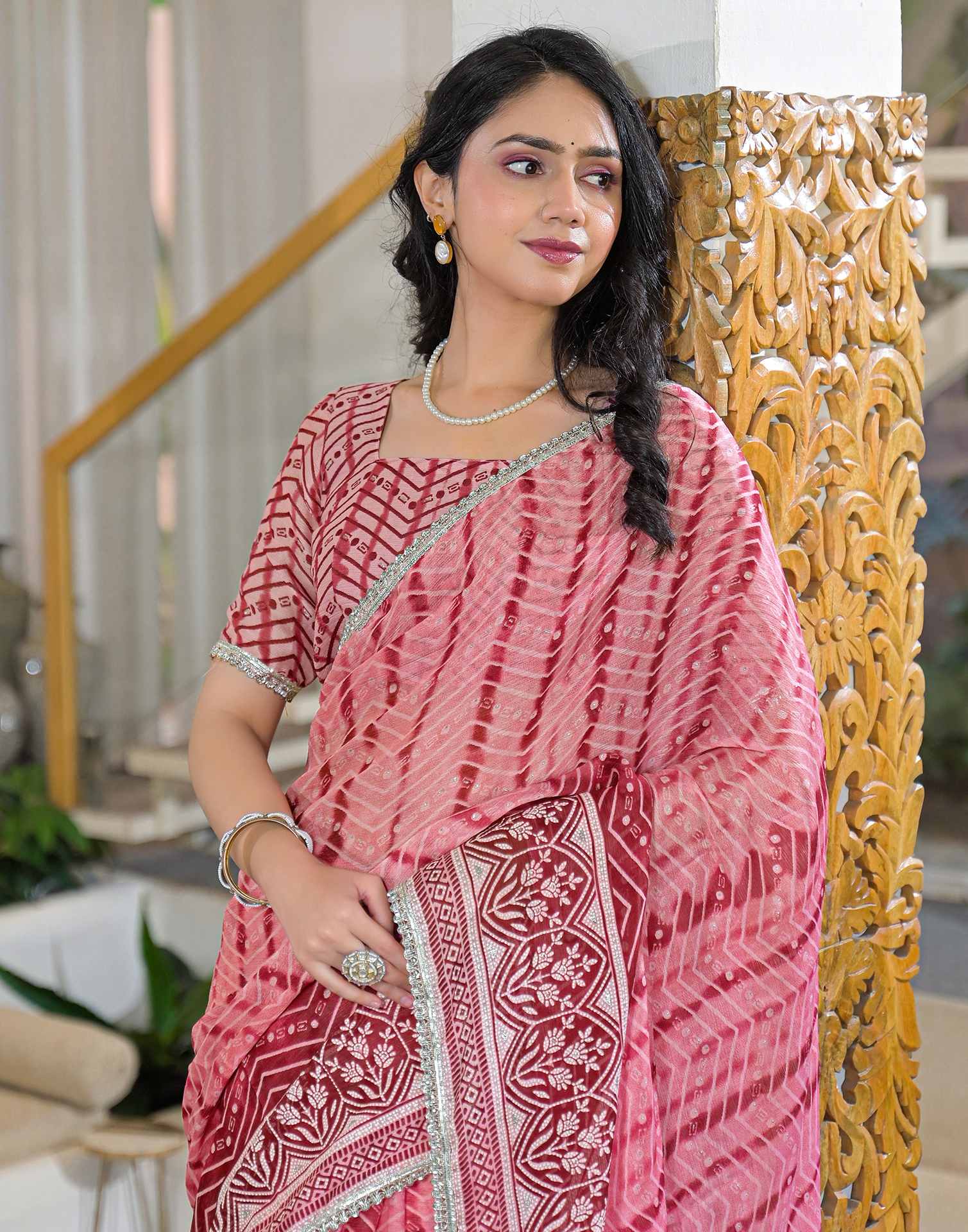 Pink Chiffon Printed Lace Saree