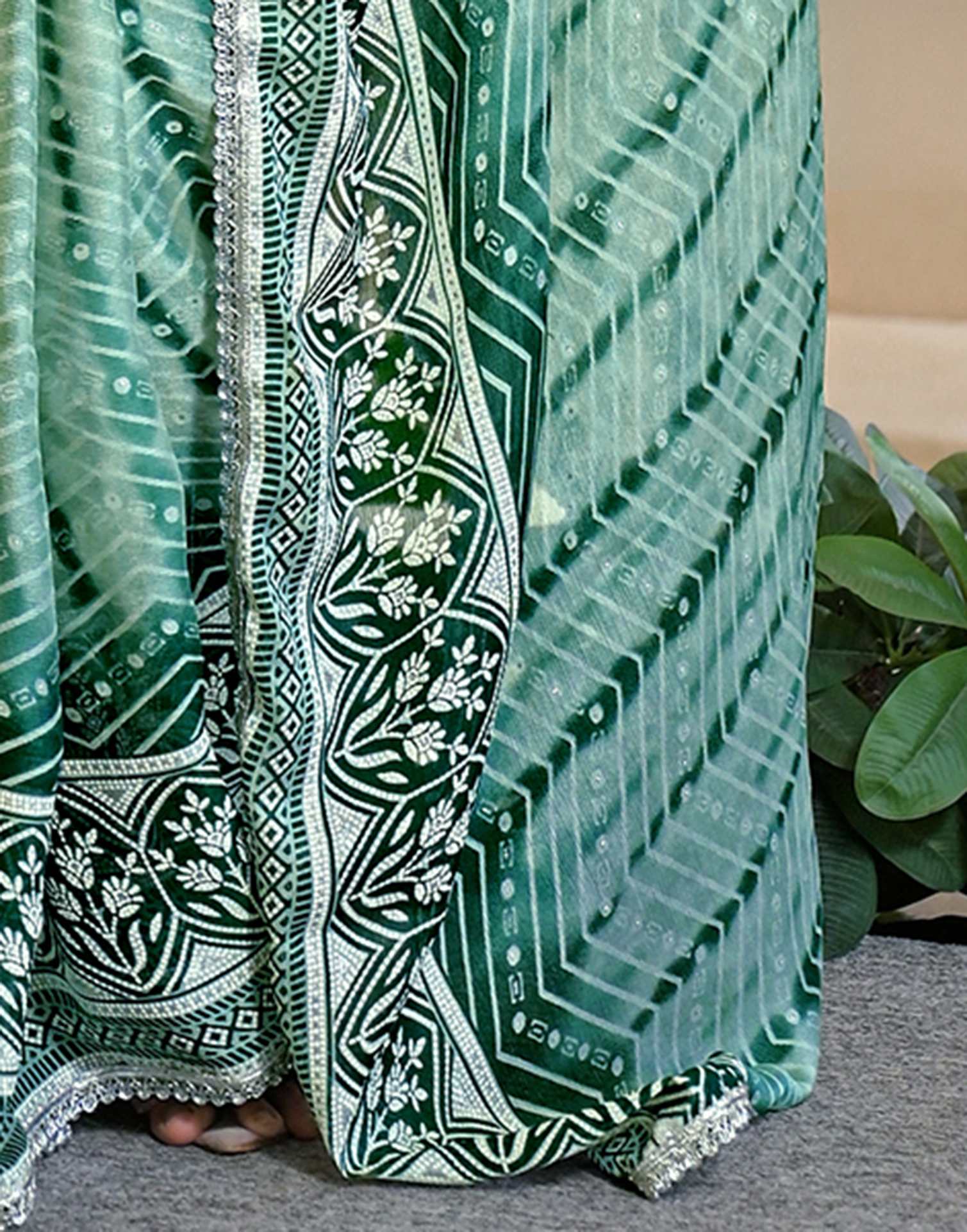 Pista Green Chiffon Printed Lace Saree
