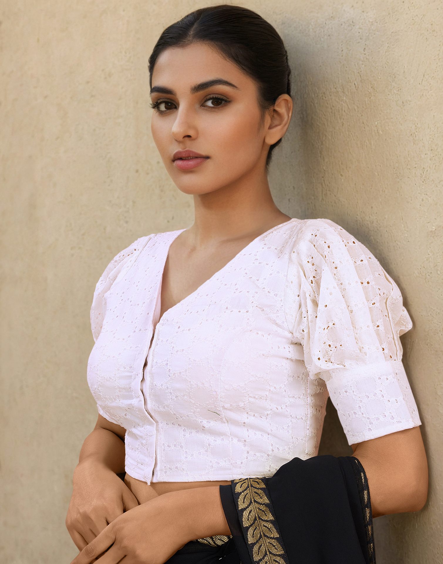 White Cotton Shifali Work Plain Blouse