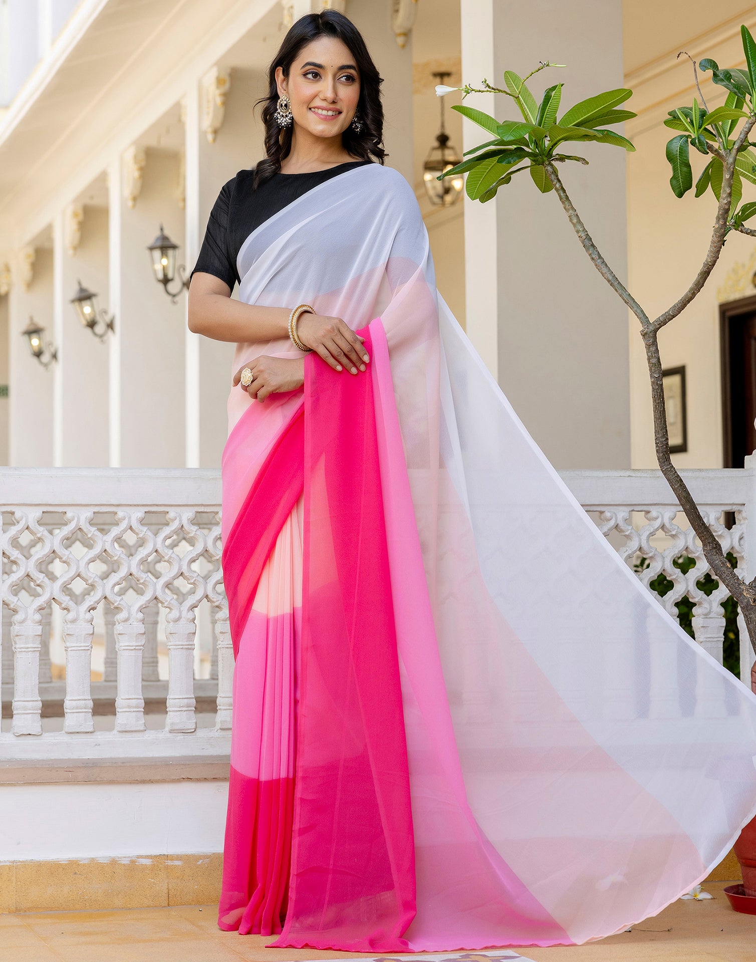 Ready To Wear White Georgette Dyed Plain Saree