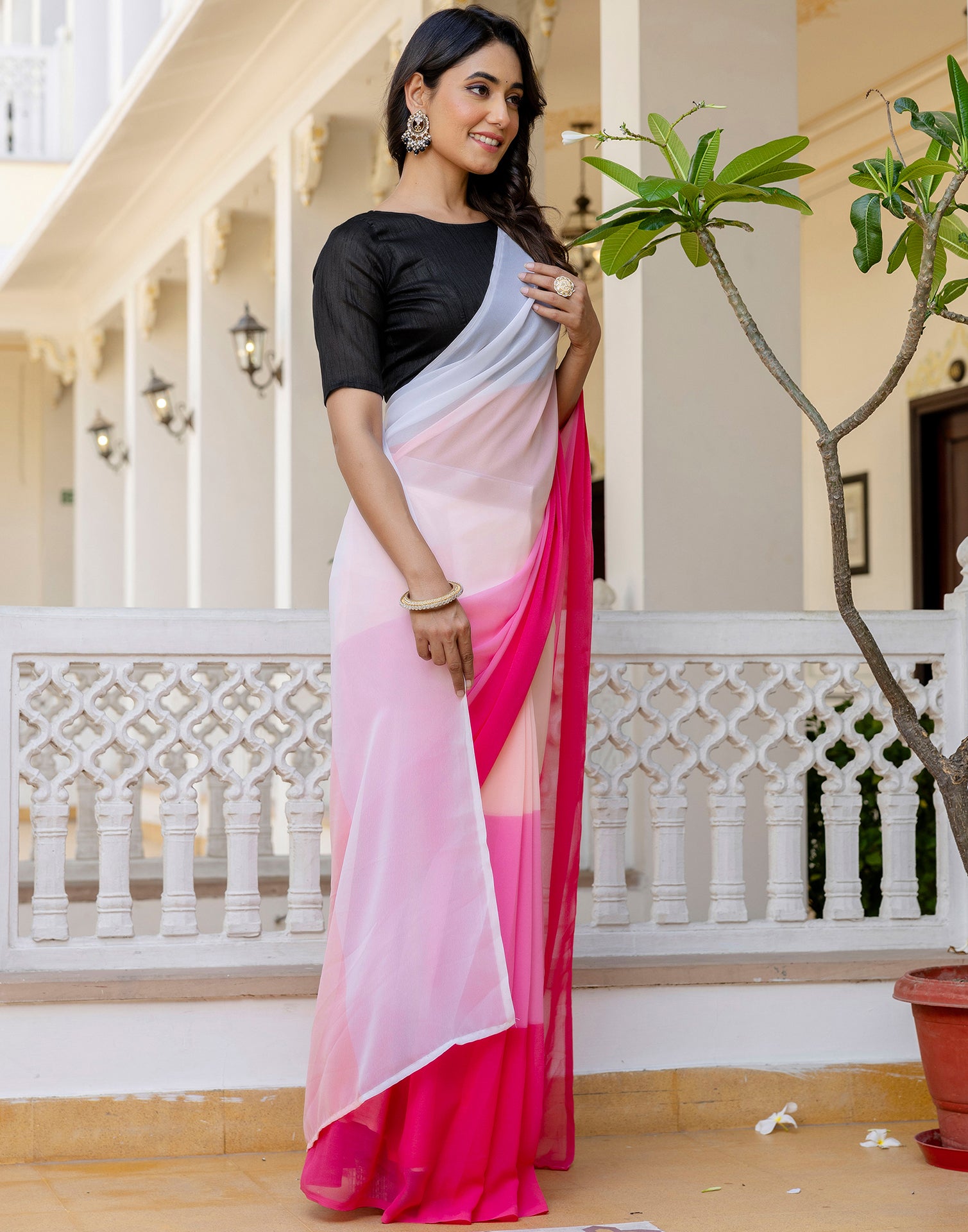 Ready To Wear White Georgette Dyed Plain Saree