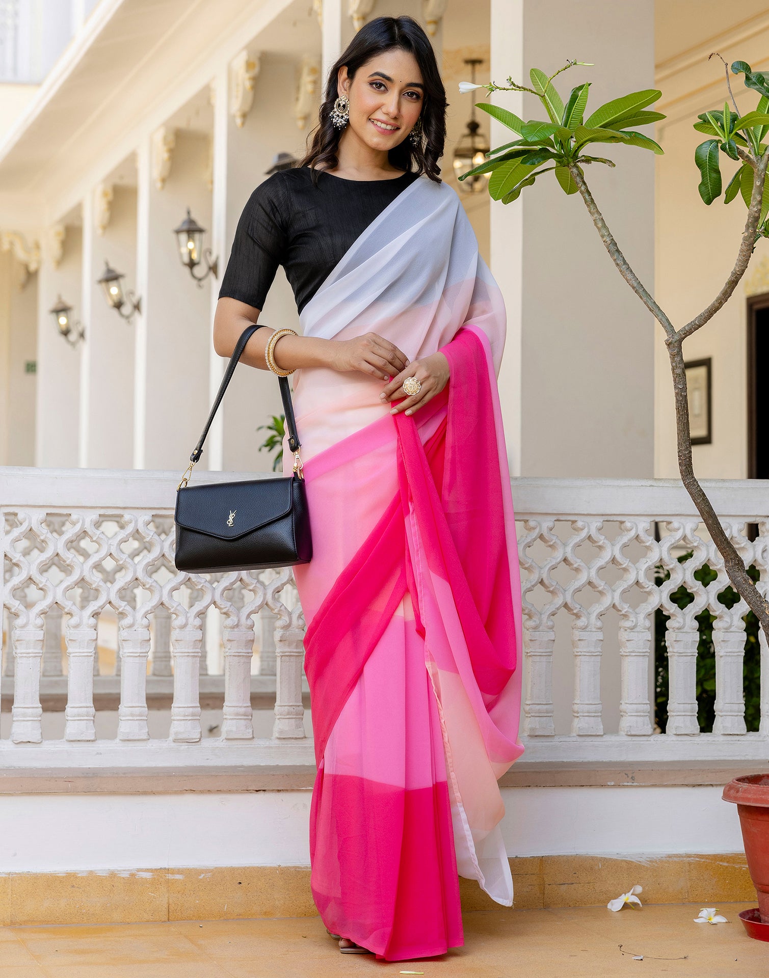 Ready To Wear White Georgette Dyed Plain Saree