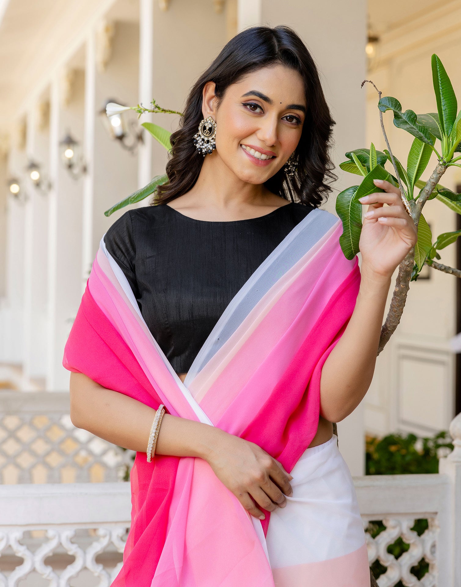 Ready To Wear White Georgette Dyed Plain Saree