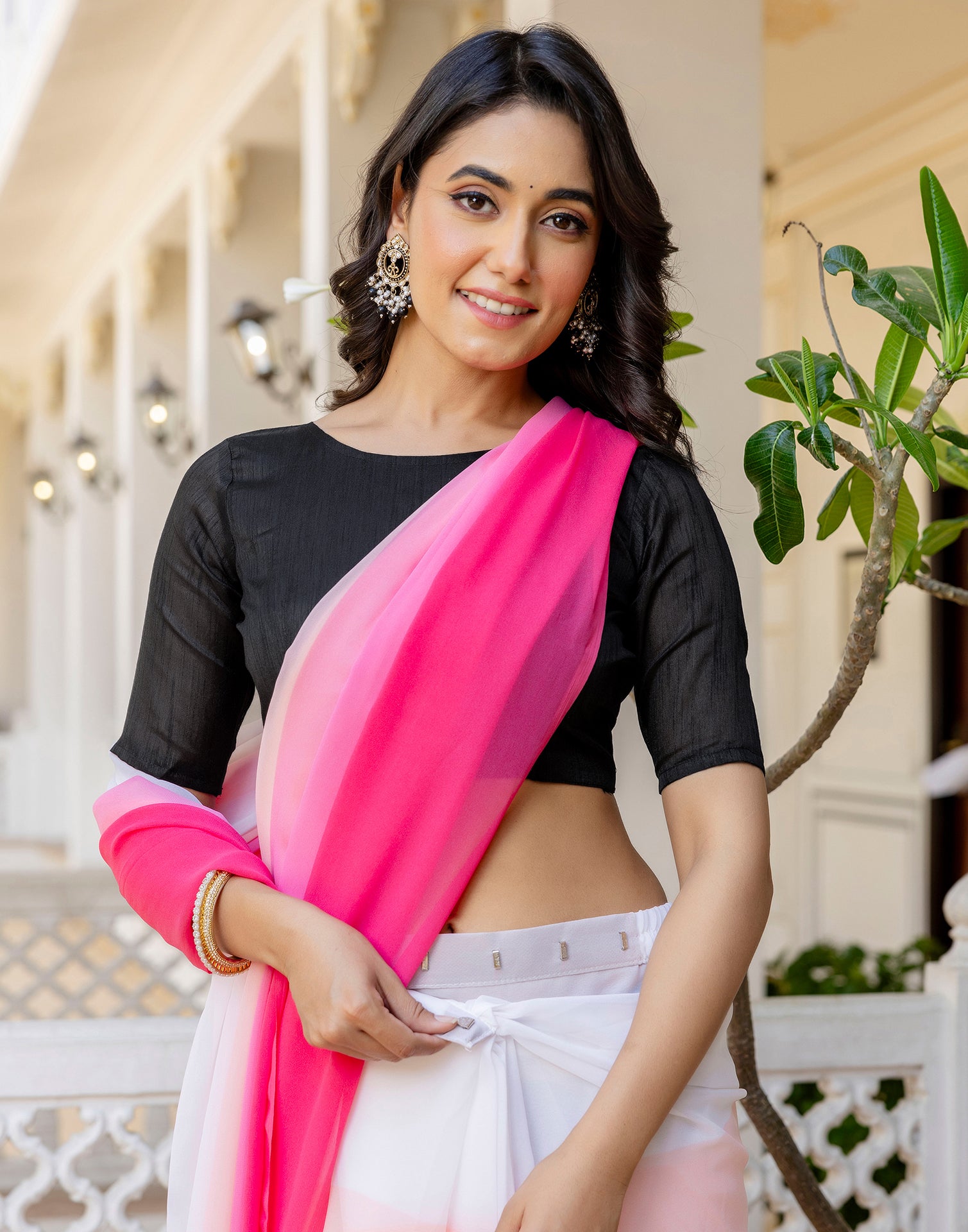 Ready To Wear White Georgette Dyed Plain Saree