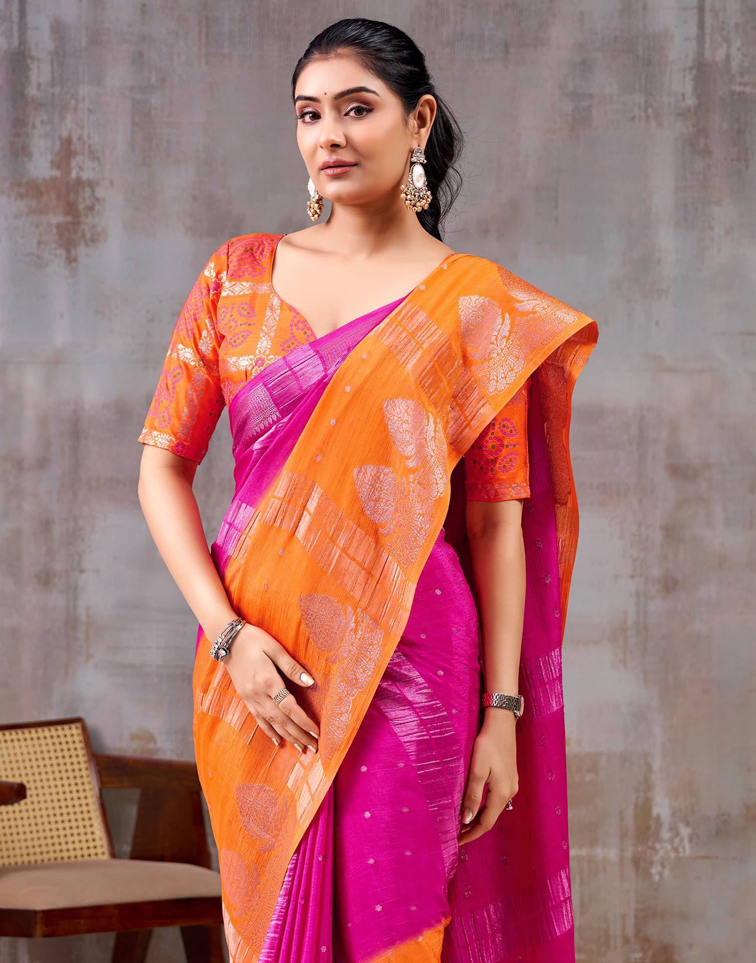 Dark Pink Chinnon Chiffon Woven Saree