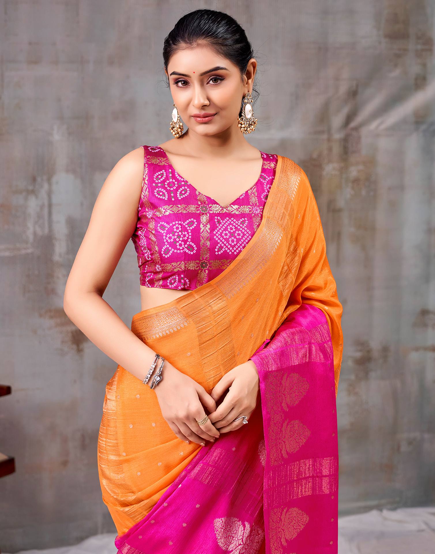 Orange Chinnon Chiffon Woven Saree