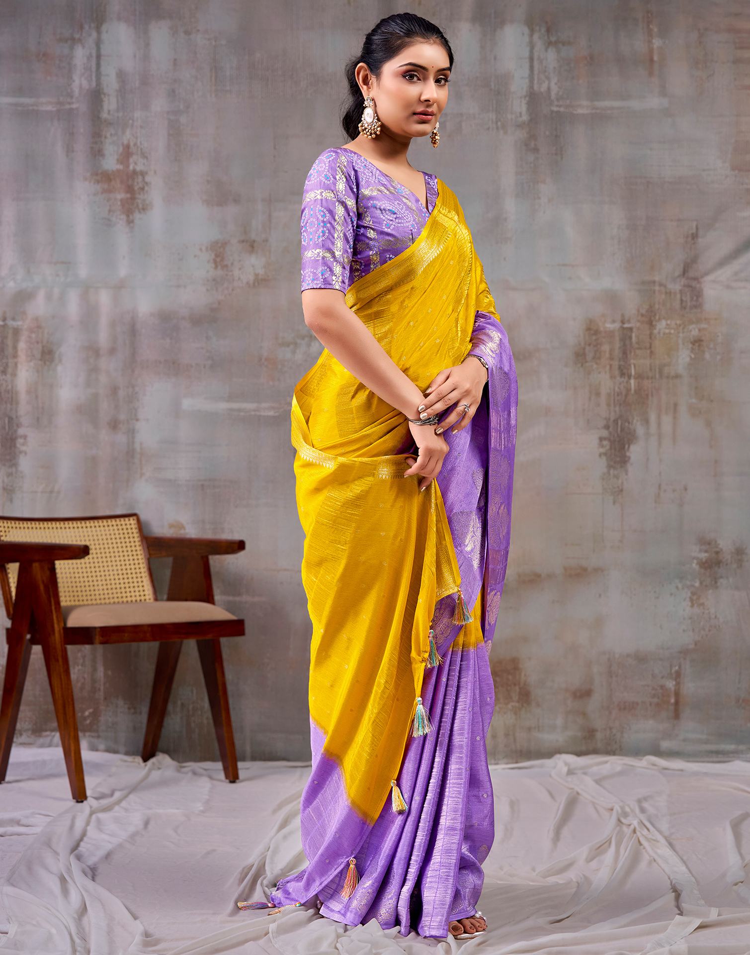 Yellow Chinnon Chiffon Woven Saree