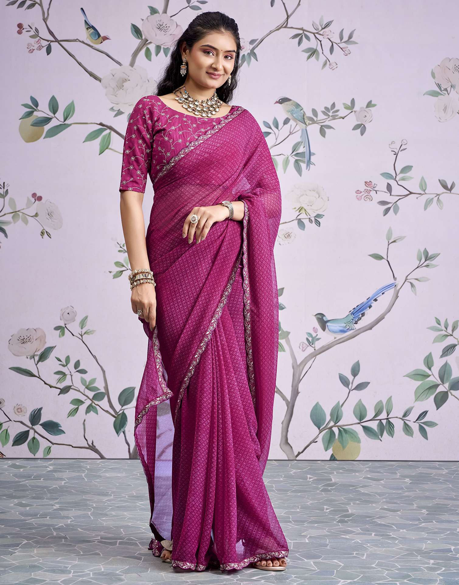 Magenta Georgette Printed Lace Saree