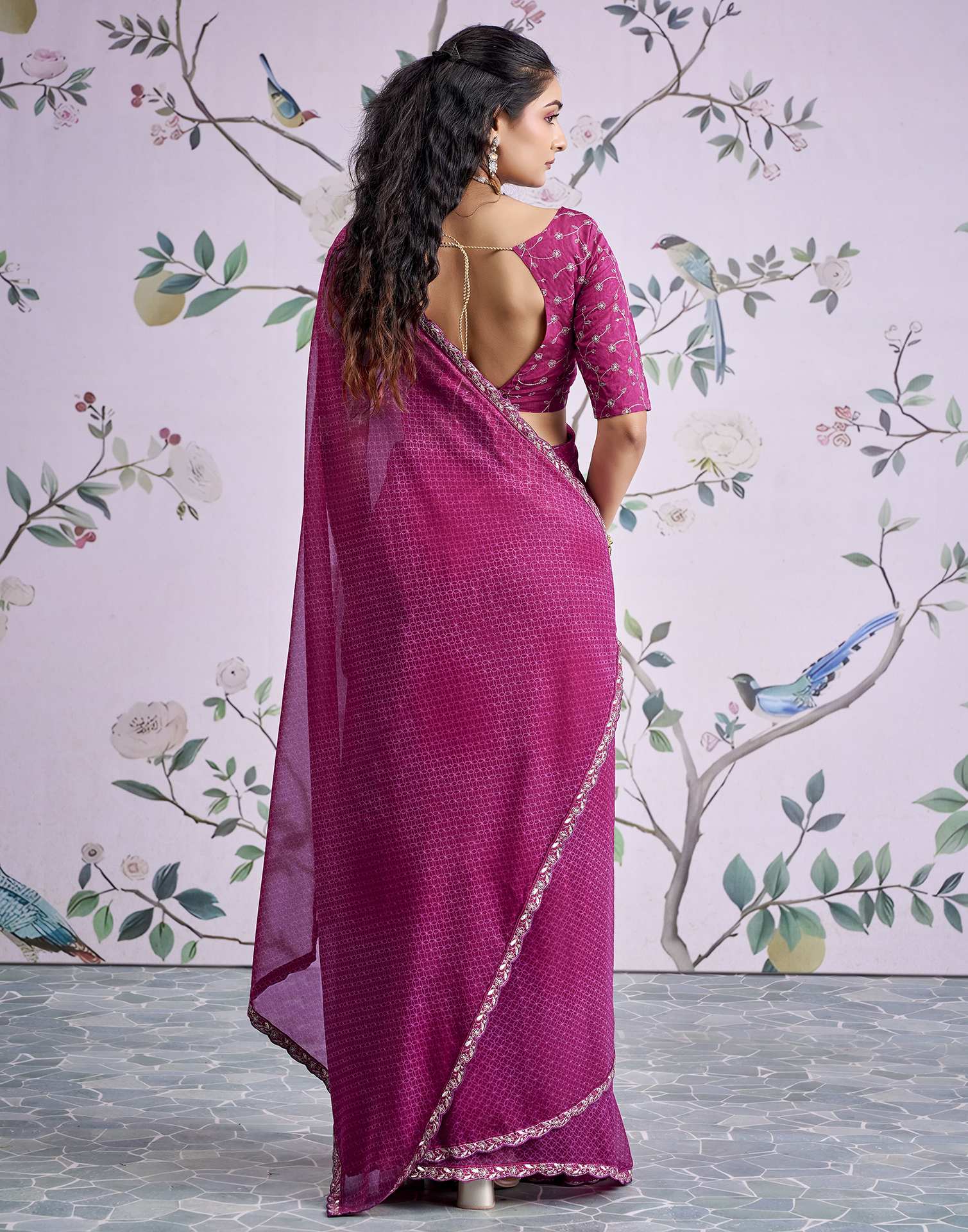 Magenta Georgette Printed Lace Saree