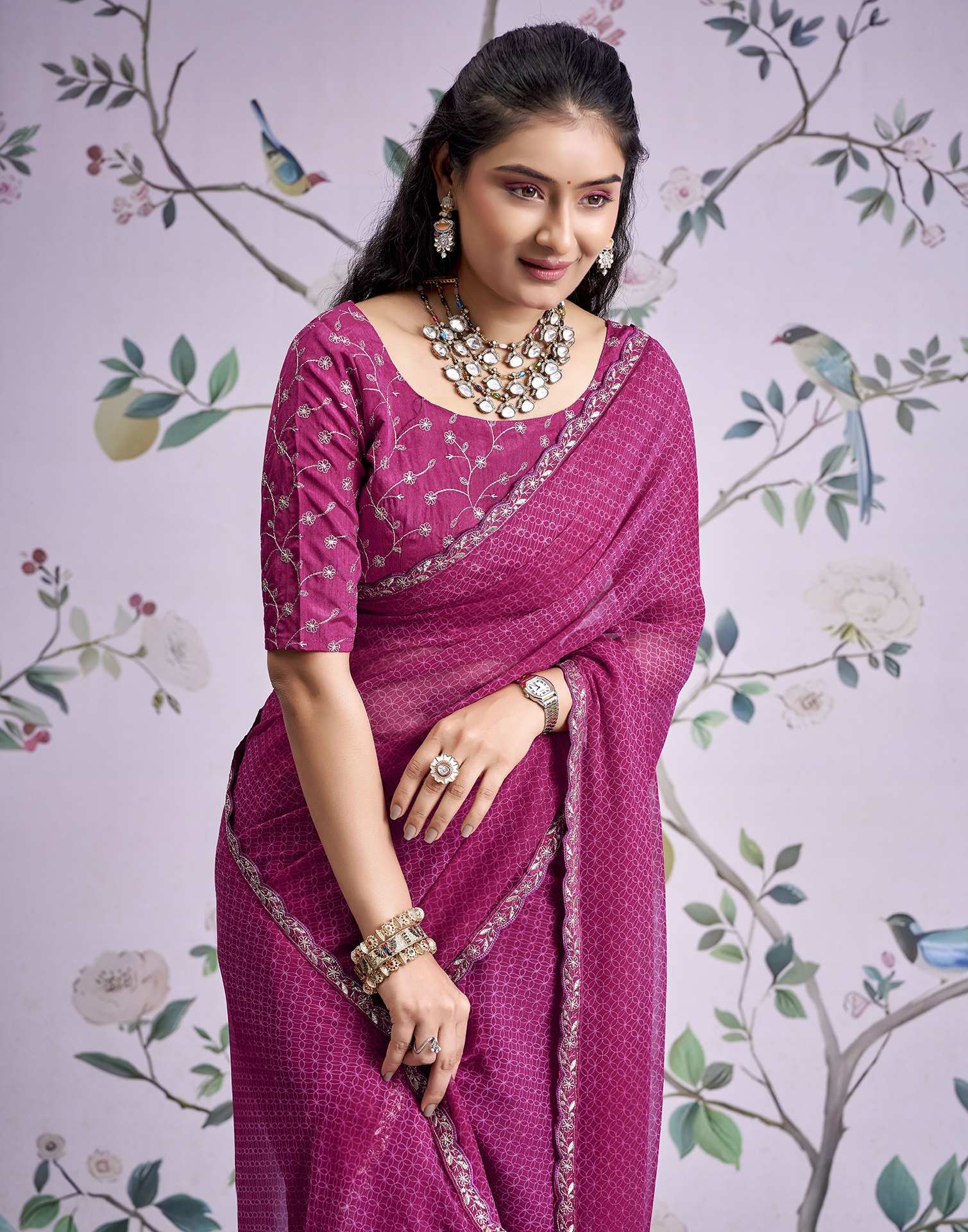 Magenta Georgette Printed Lace Saree