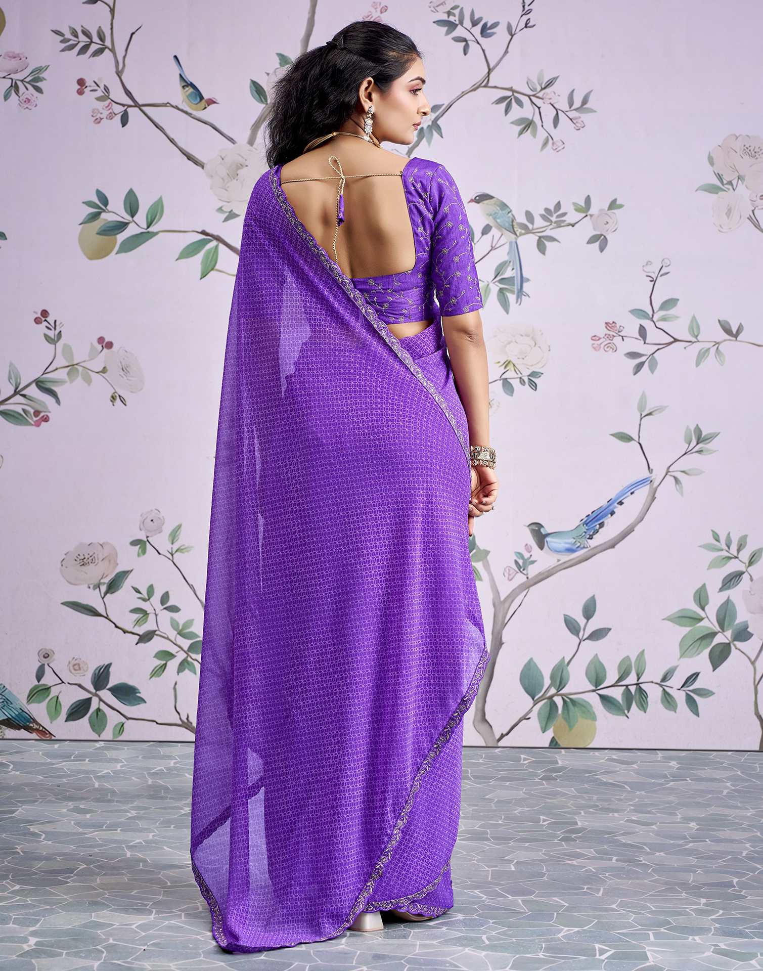 Lavender Georgette Printed Lace Saree