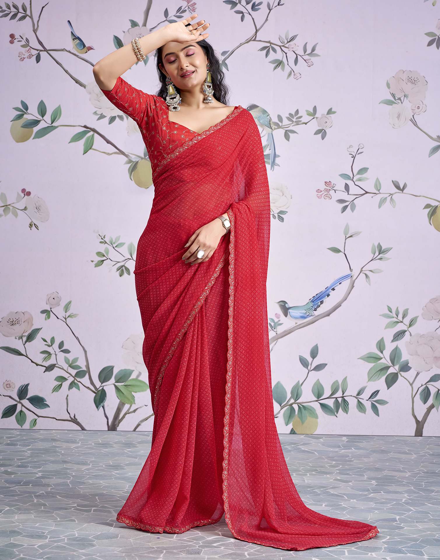 Red Georgette Printed Lace Saree