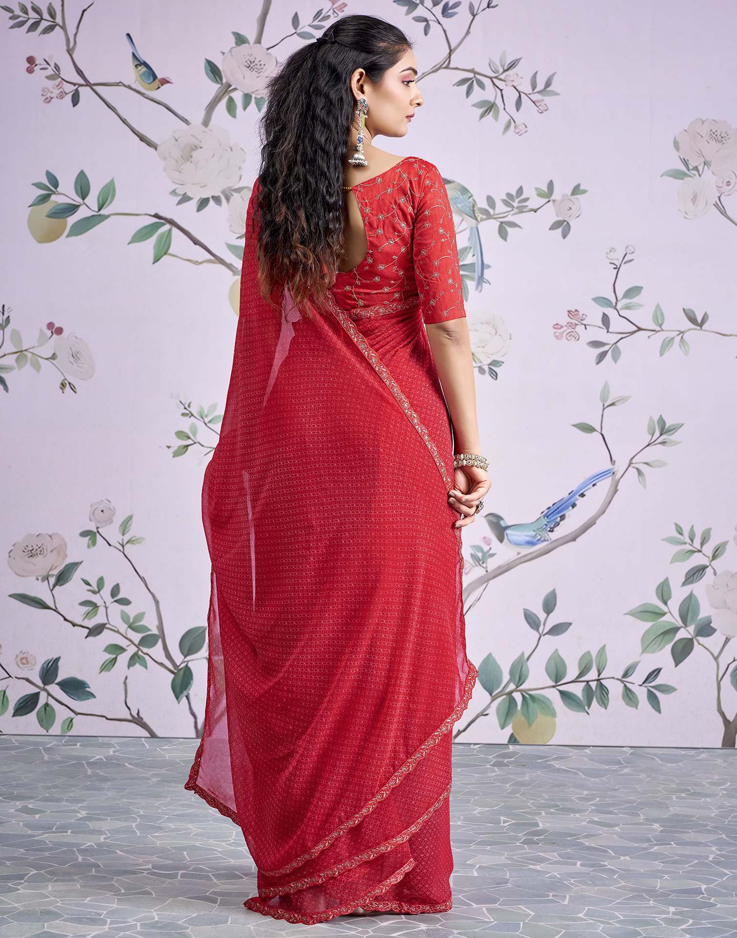 Red Georgette Printed Lace Saree