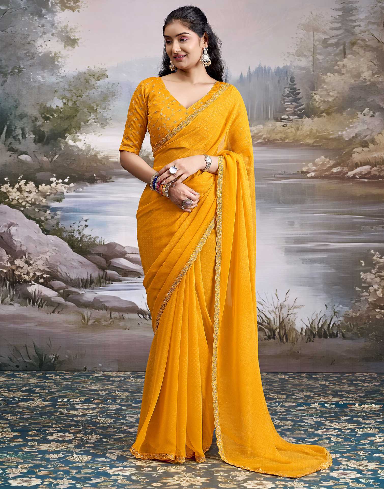 Yellow Georgette Printed Lace Saree